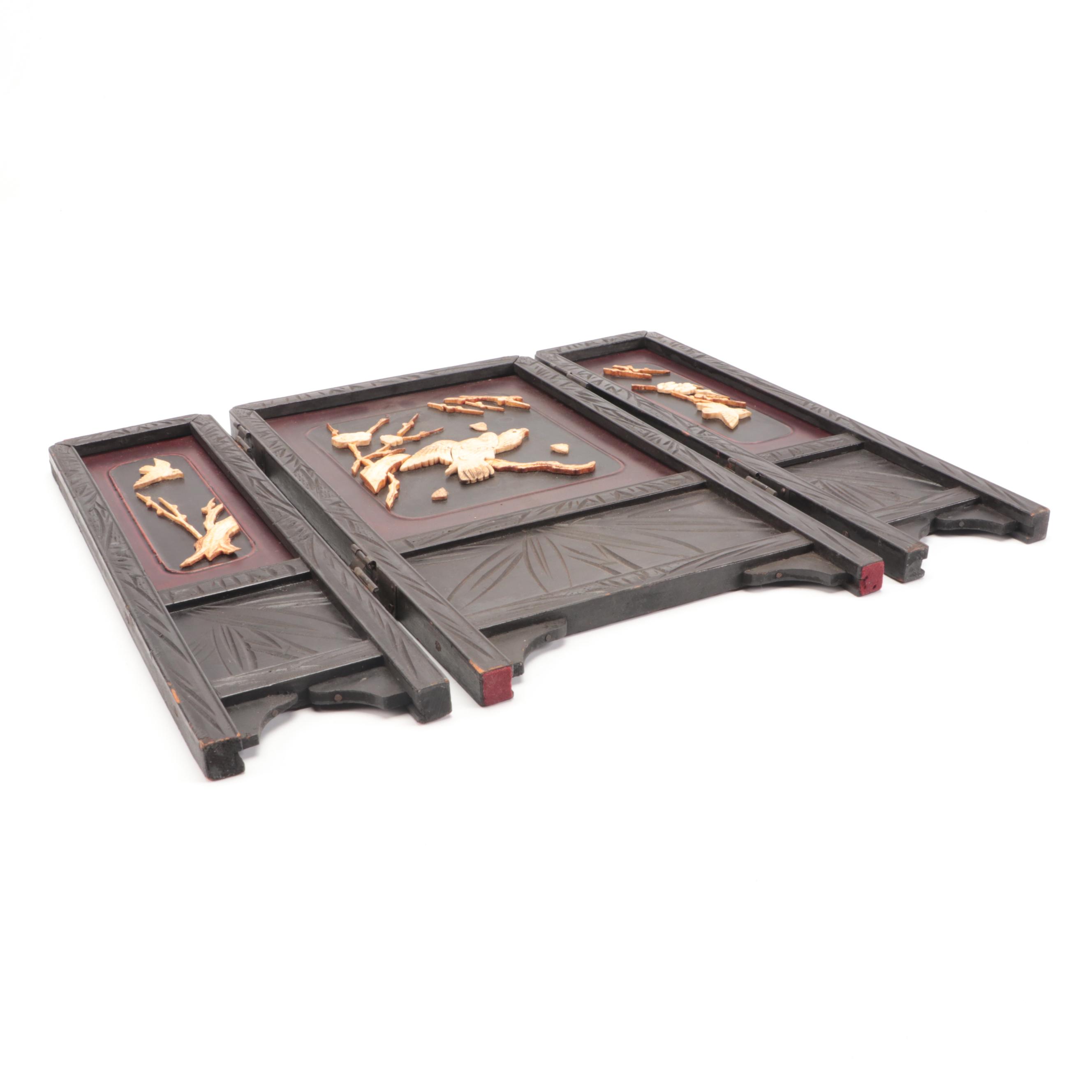 Japanese Miniature Wood Folding Screen with Bird and Floral Carved Bone Accents