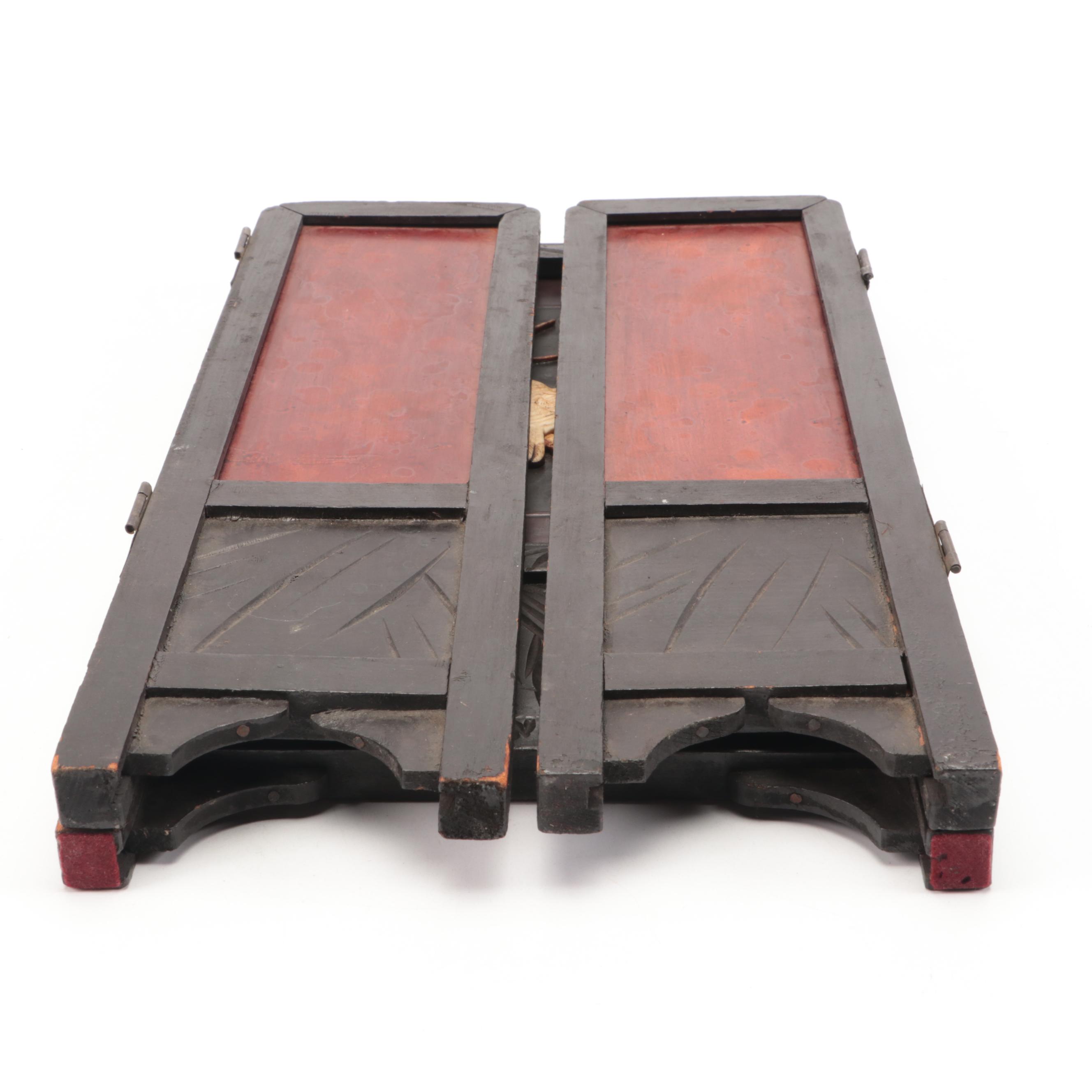 Japanese Miniature Wood Folding Screen with Bird and Floral Carved Bone Accents