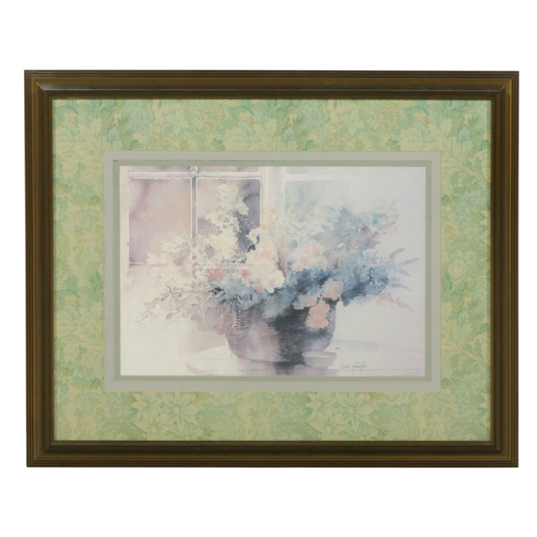 Offset Lithograph After Xavier Swolfs Still Life of Flower Arrangement in Basket