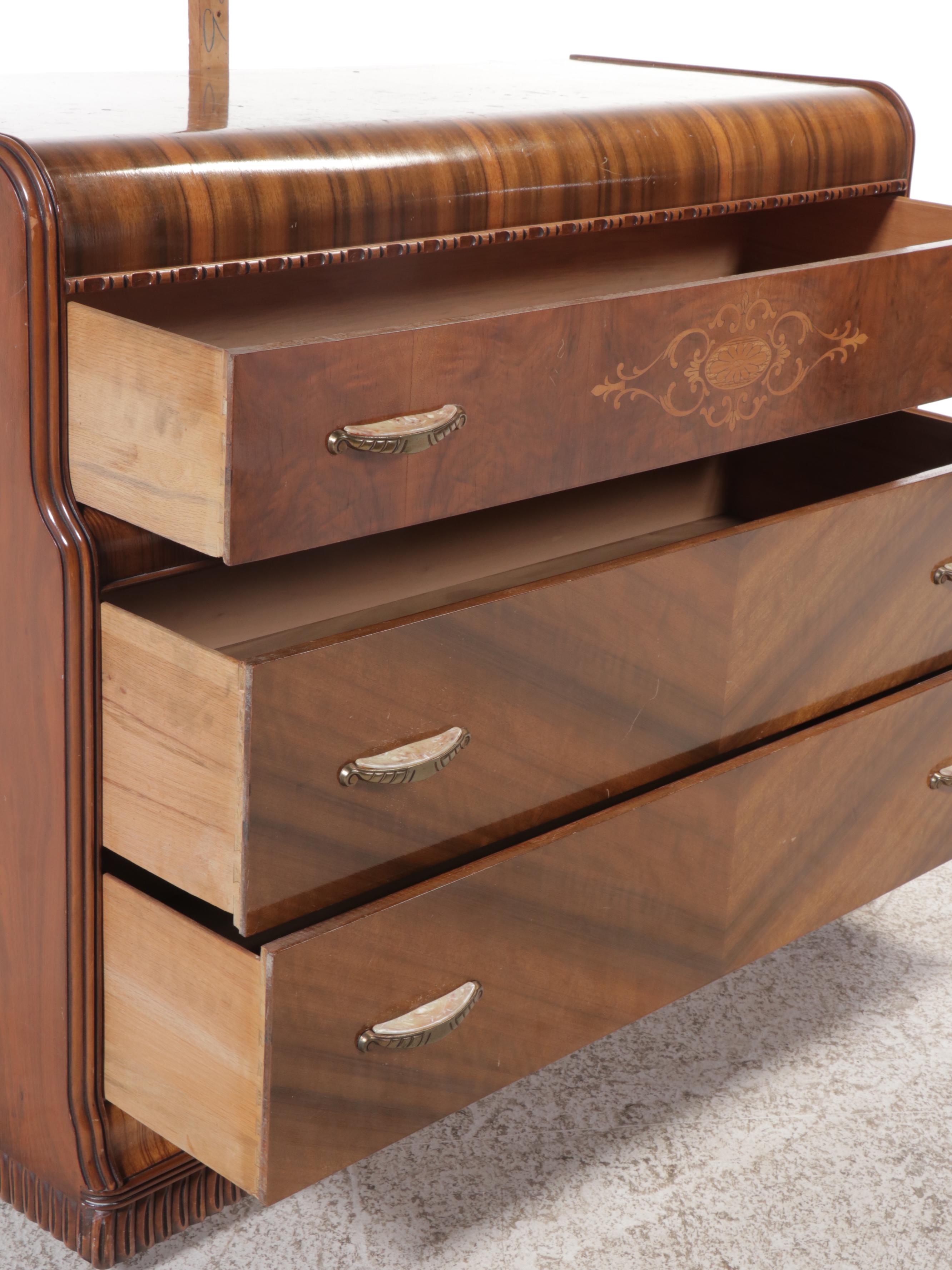 Antique Art Deco Waterfall Walnut Dresser