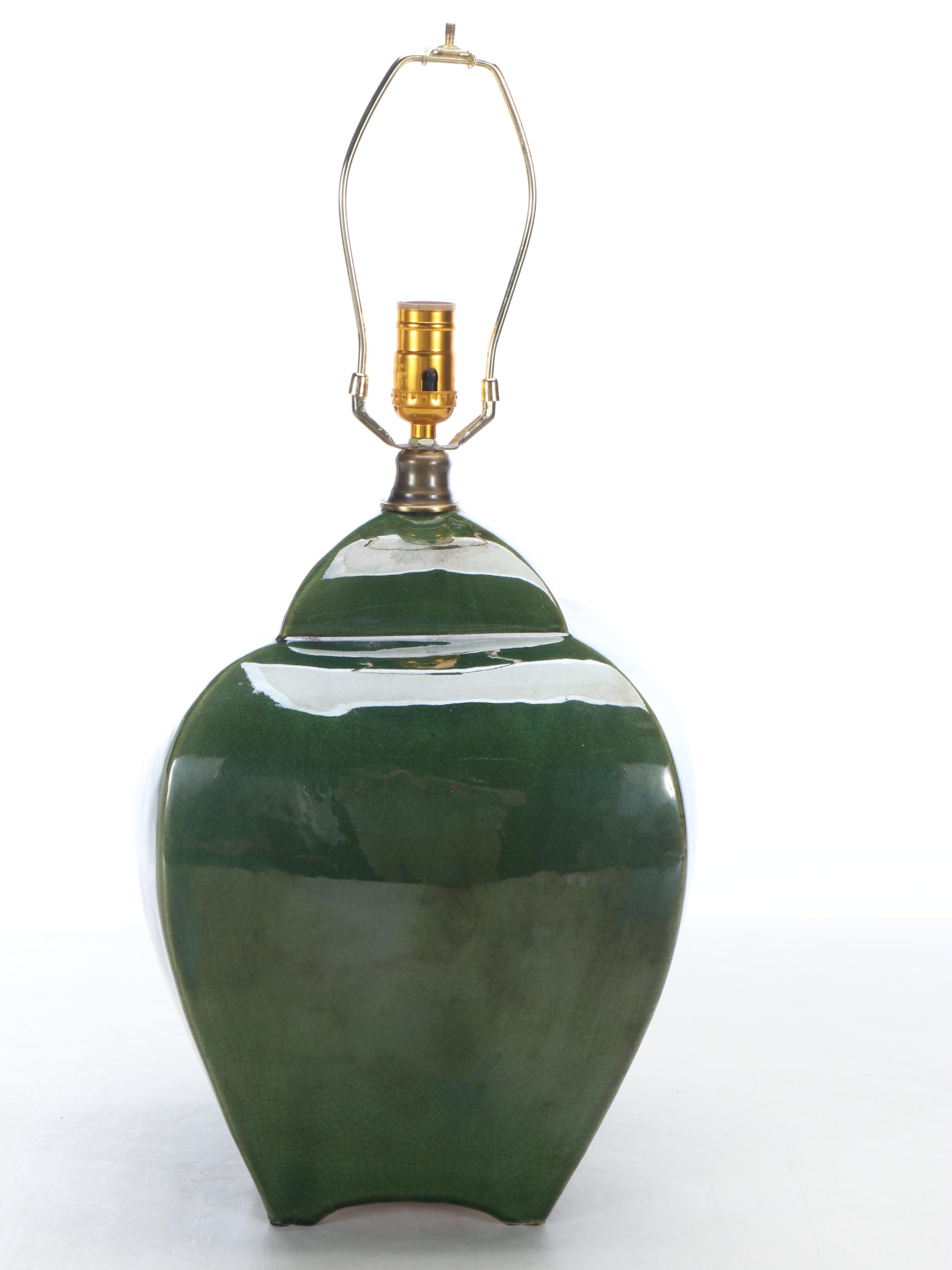 Oriental Accent Green Ceramic Vessel Table Lamp with Pagoda Shade