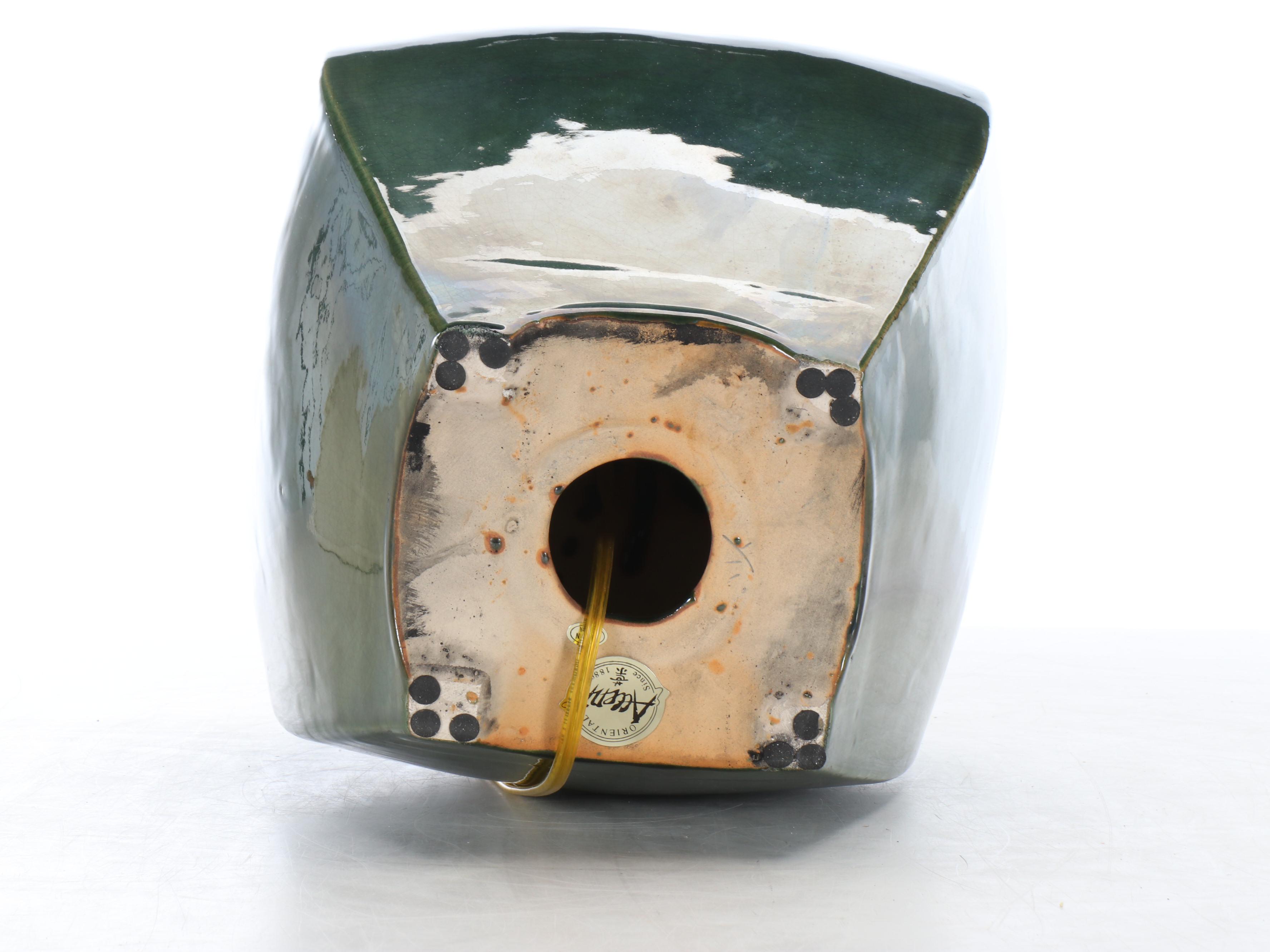 Oriental Accent Green Ceramic Vessel Table Lamp with Pagoda Shade