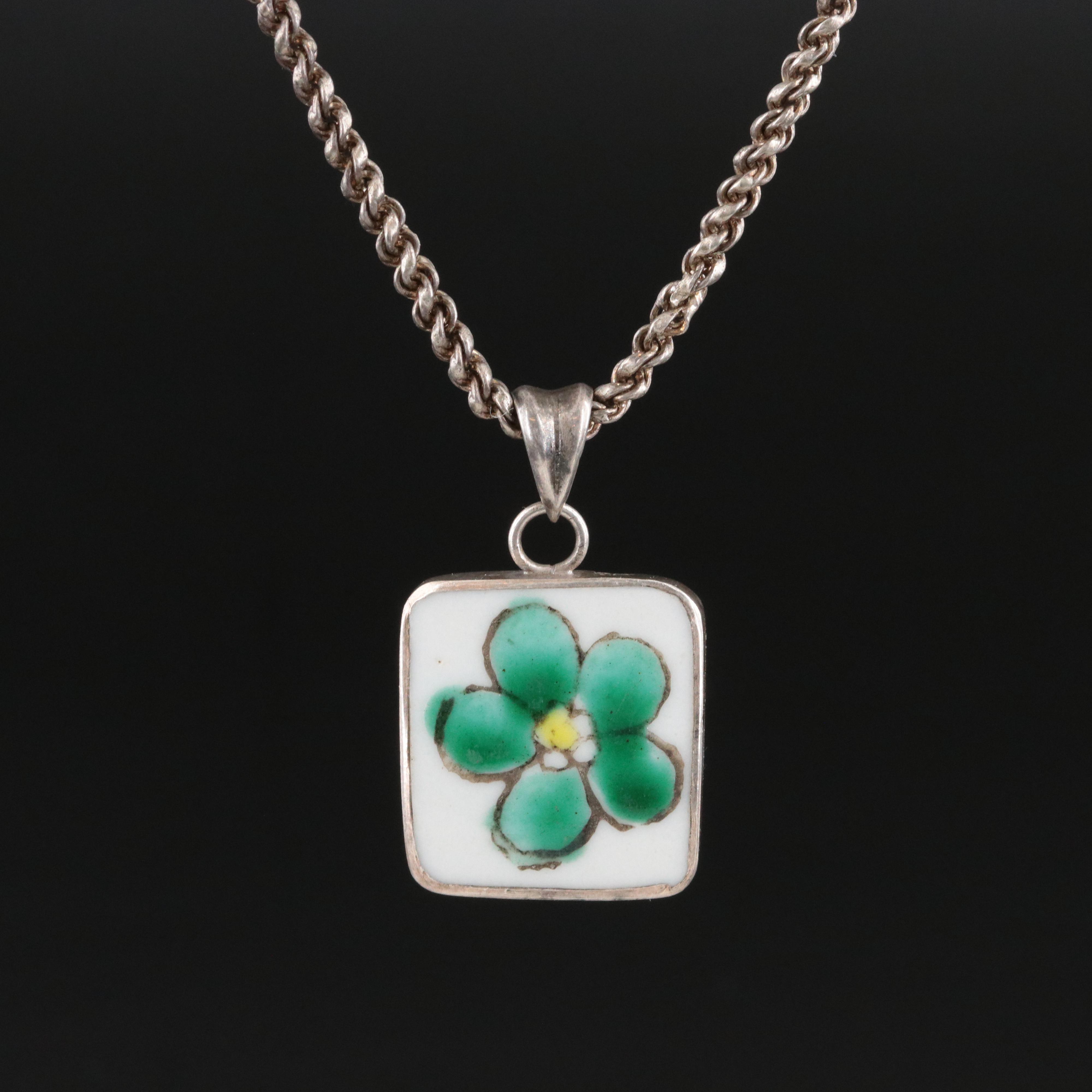 Sterling Porcelain Flower Pendant with 800 Chain