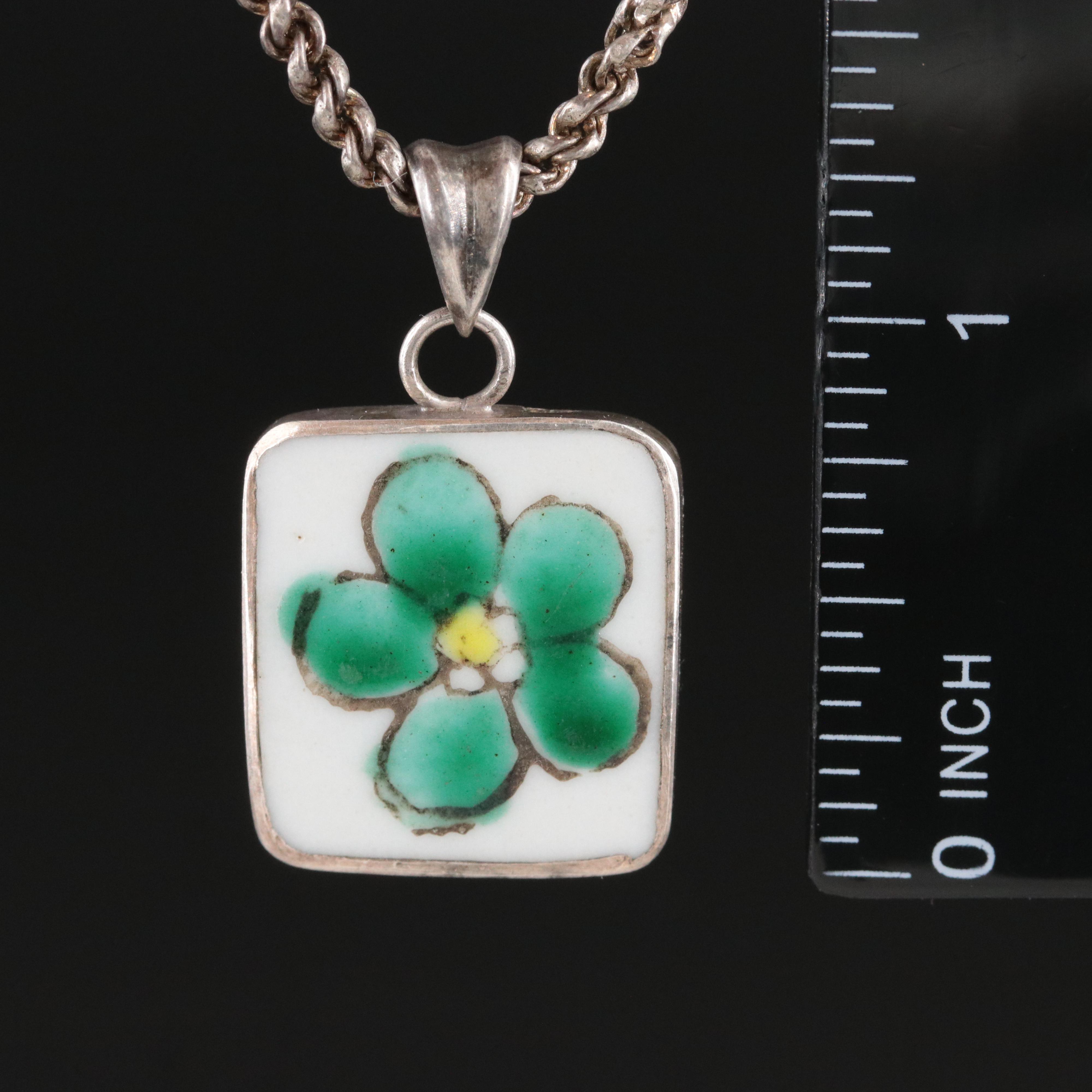 Sterling Porcelain Flower Pendant with 800 Chain
