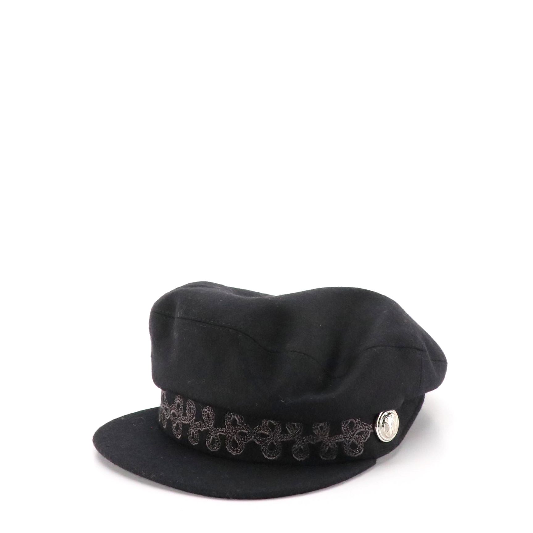 Hermès Black Embroidered Wool Newsboy Cap