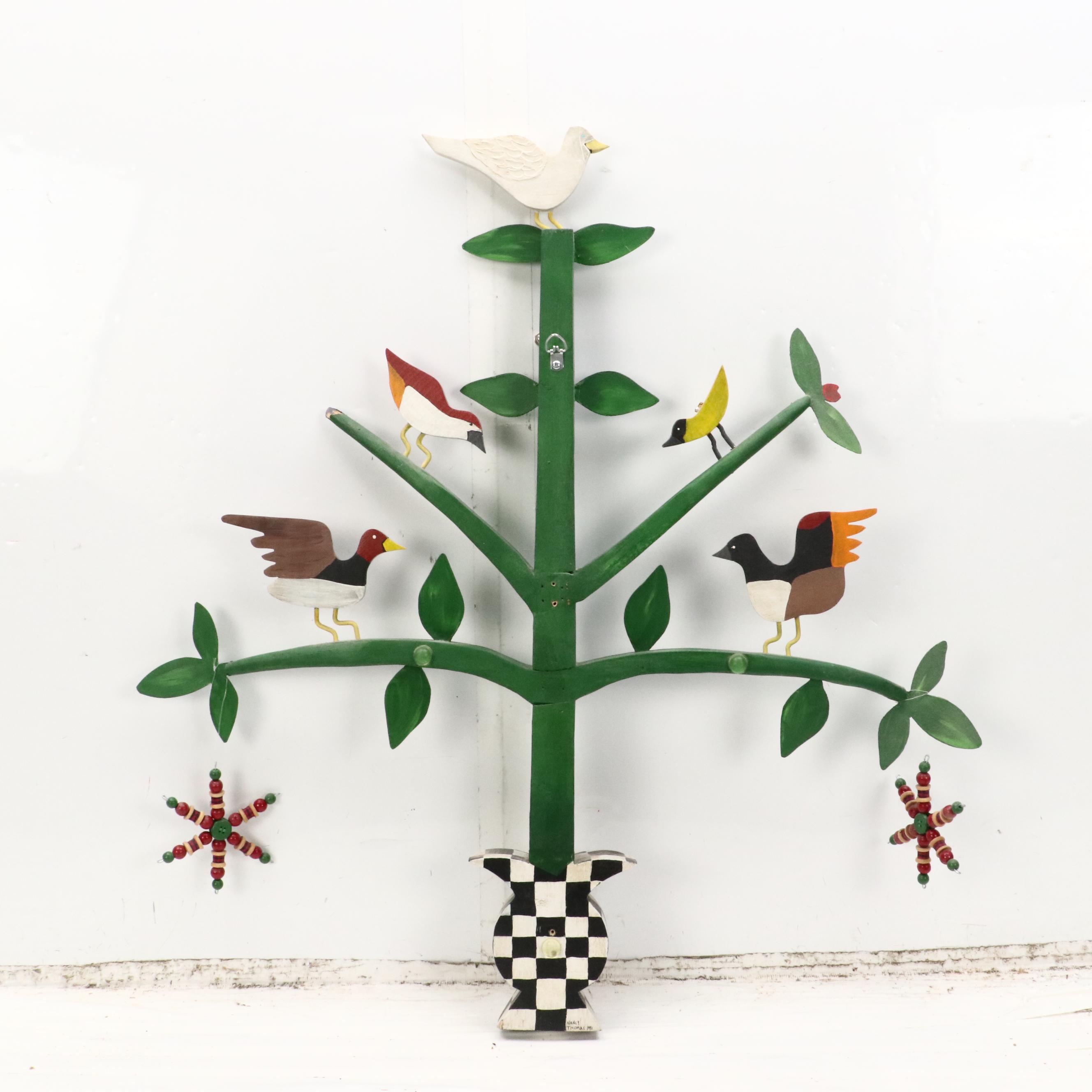 Nancy Thomas Folk Art Painted Carved Wood Sculpture of Tree with Birds, 1991
