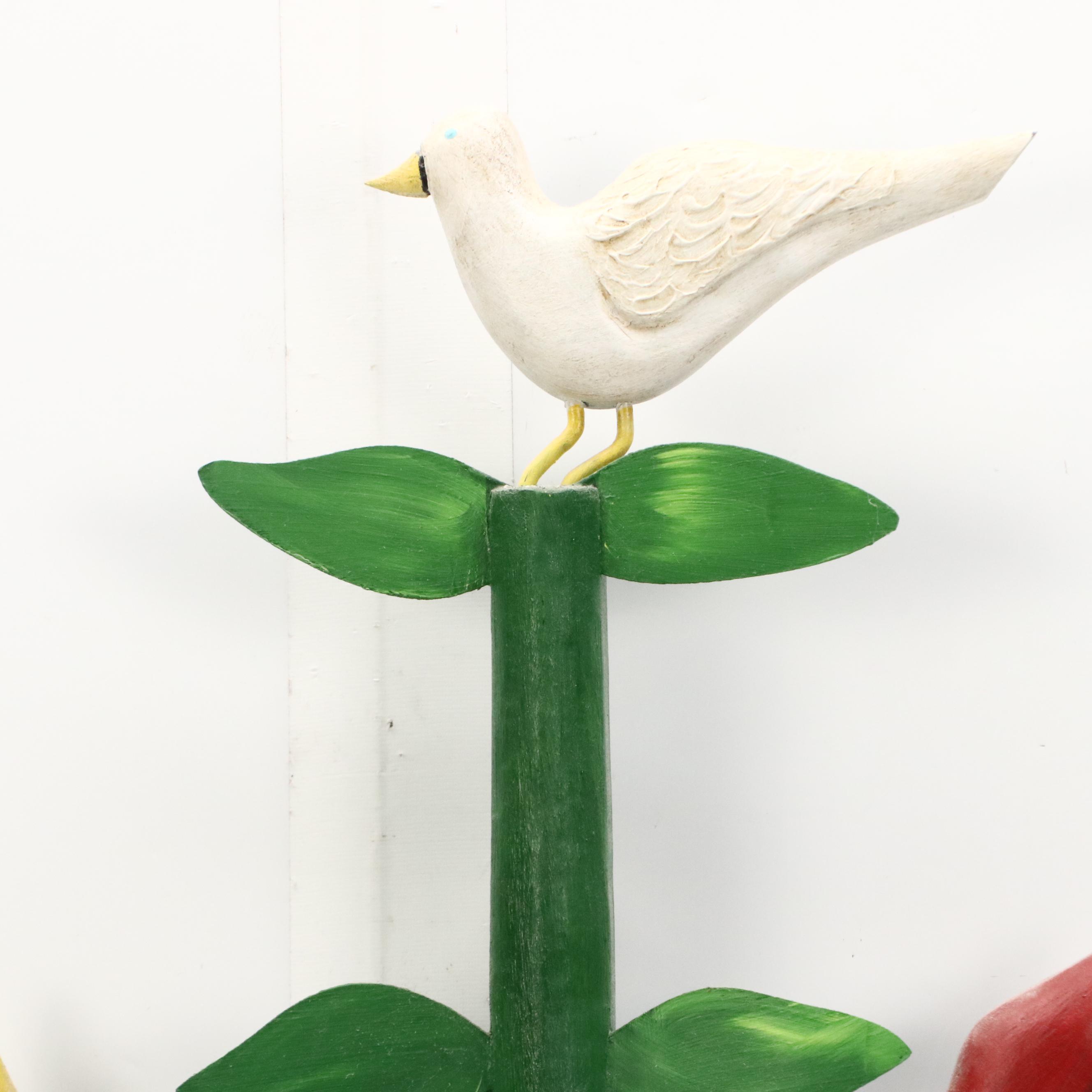 Nancy Thomas Folk Art Painted Carved Wood Sculpture of Tree with Birds, 1991