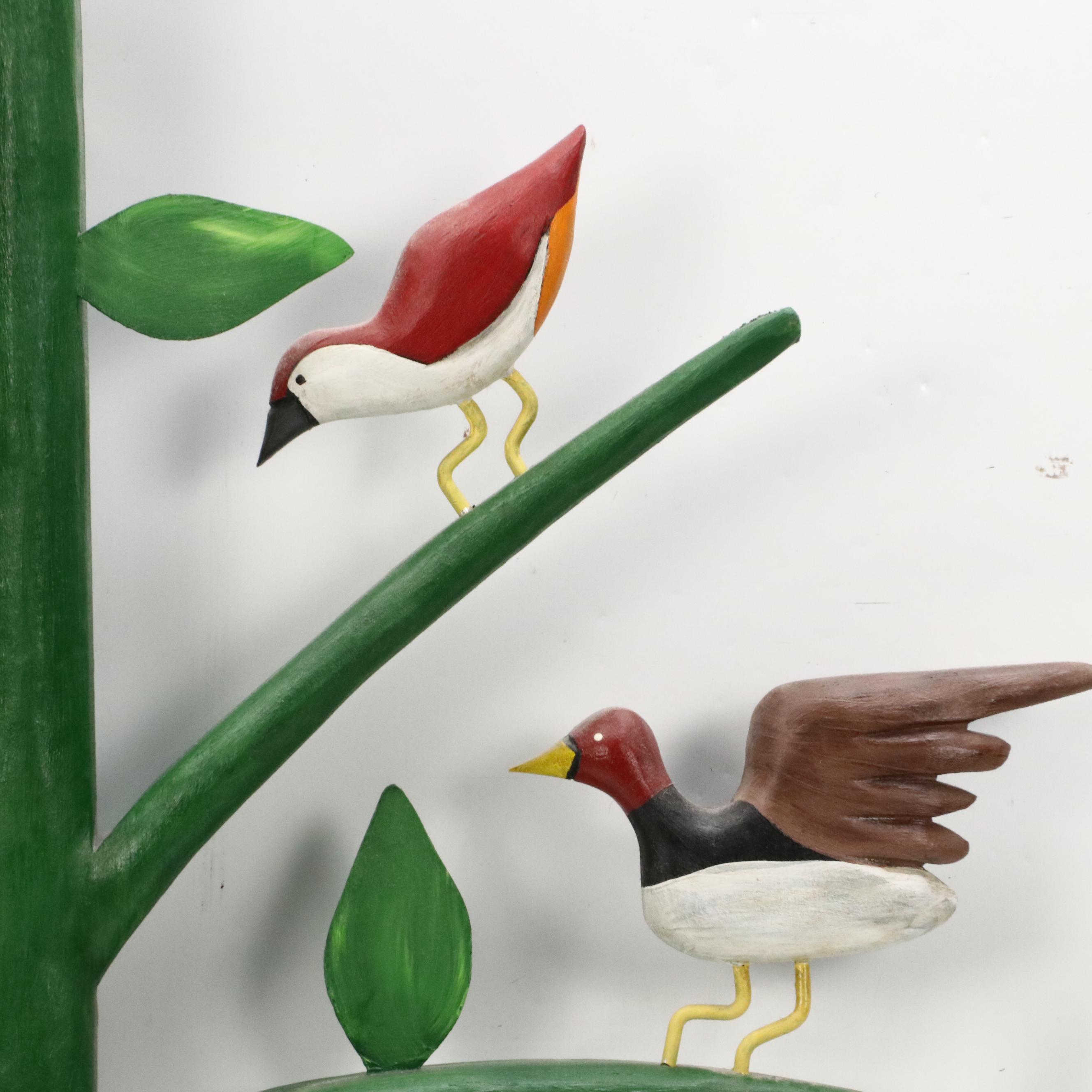 Nancy Thomas Folk Art Painted Carved Wood Sculpture of Tree with Birds, 1991