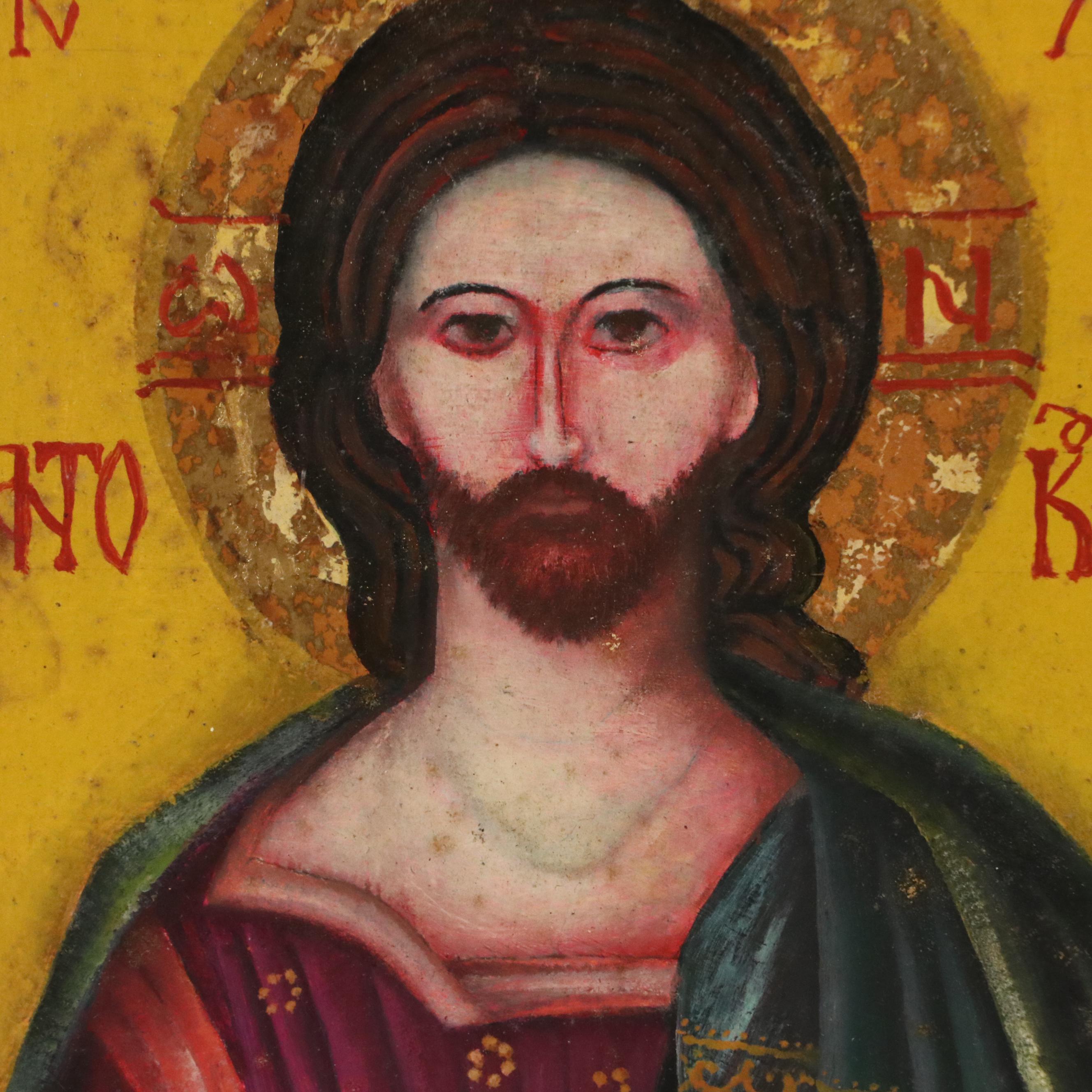 Russian Icon Painting of Christ Pantocrator in Oil and Tempera, Circa 1920