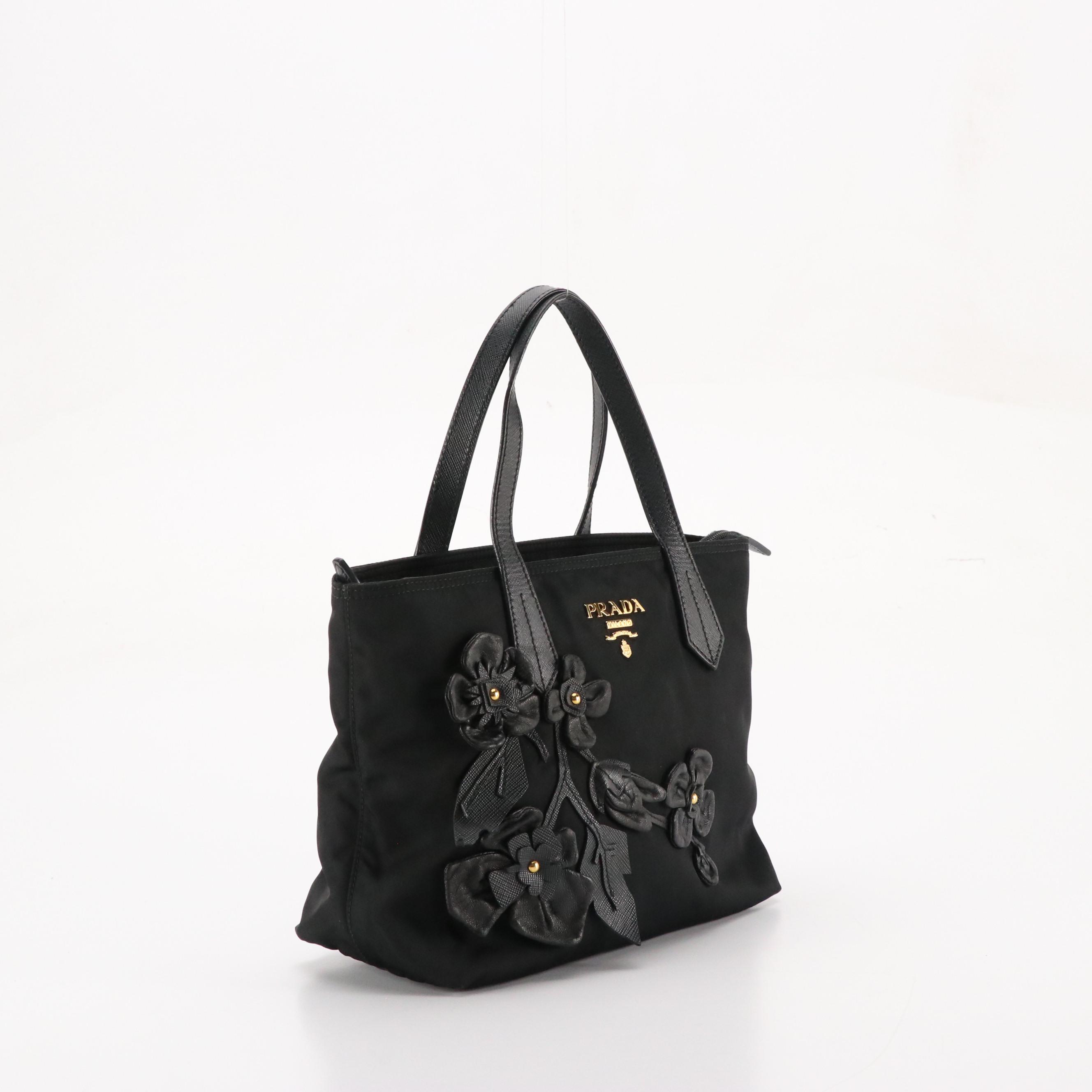 Prada Small Tote Bag in Black Tessuto Nylon with Leather Flower Appliqué