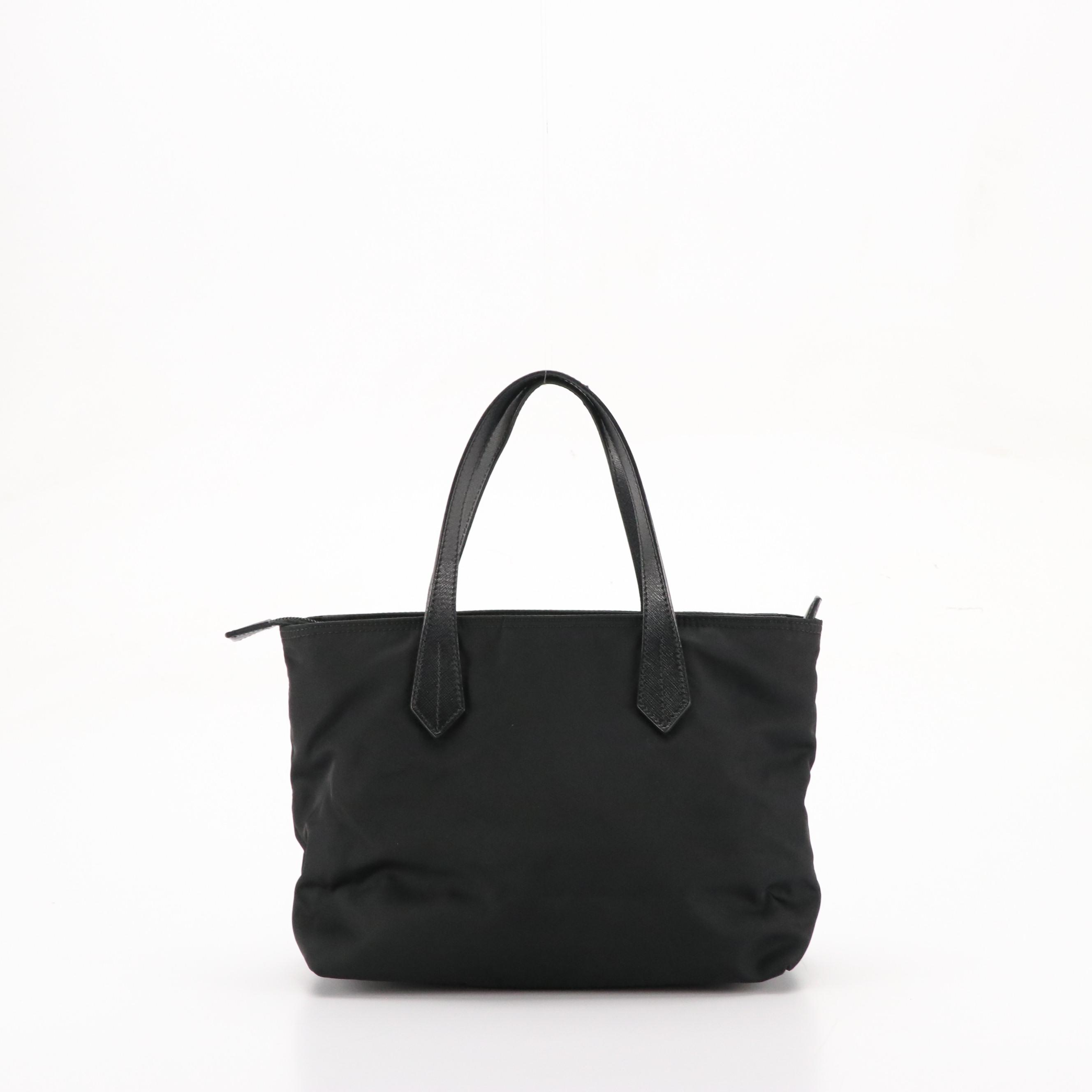 Prada Small Tote Bag in Black Tessuto Nylon with Leather Flower Appliqué