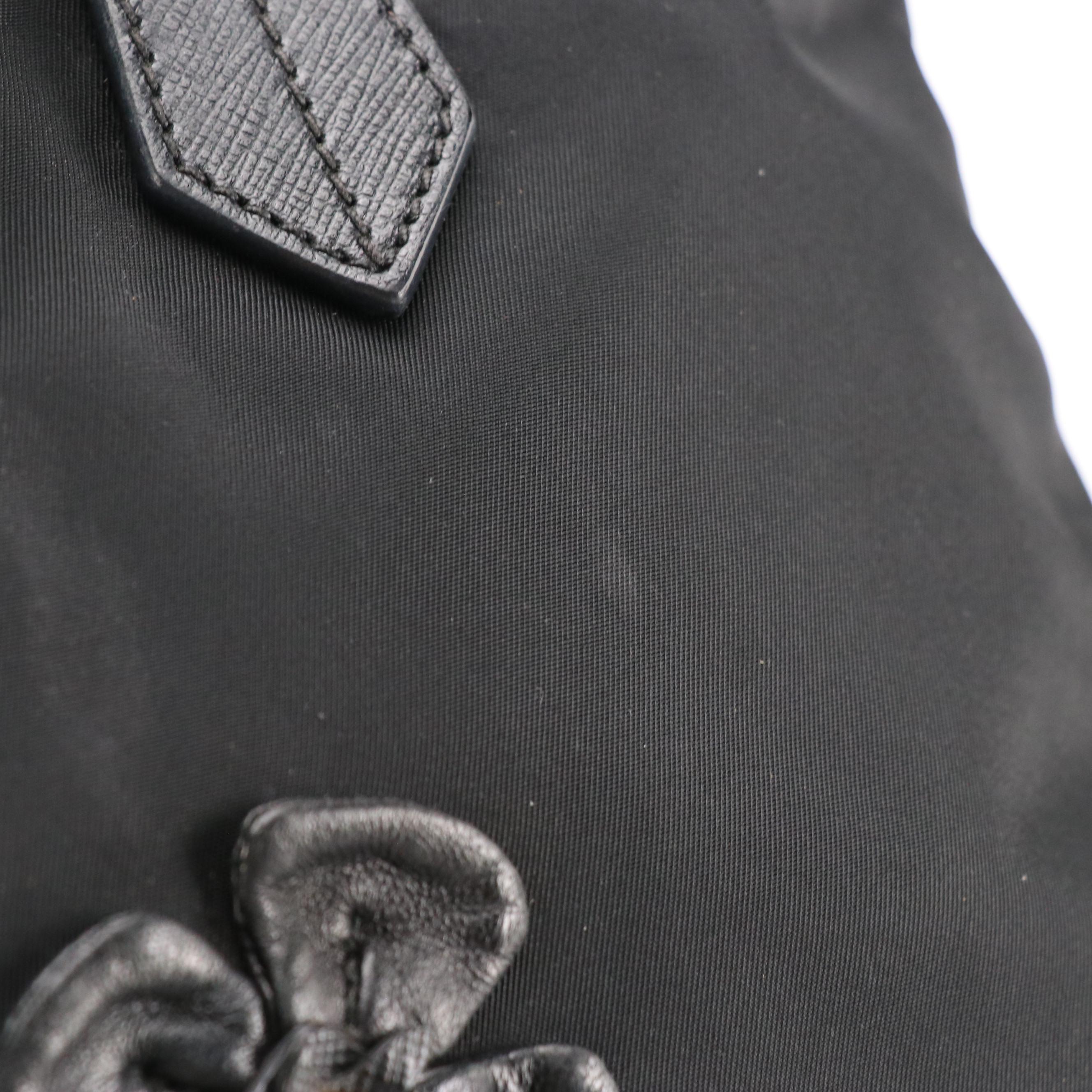Prada Small Tote Bag in Black Tessuto Nylon with Leather Flower Appliqué
