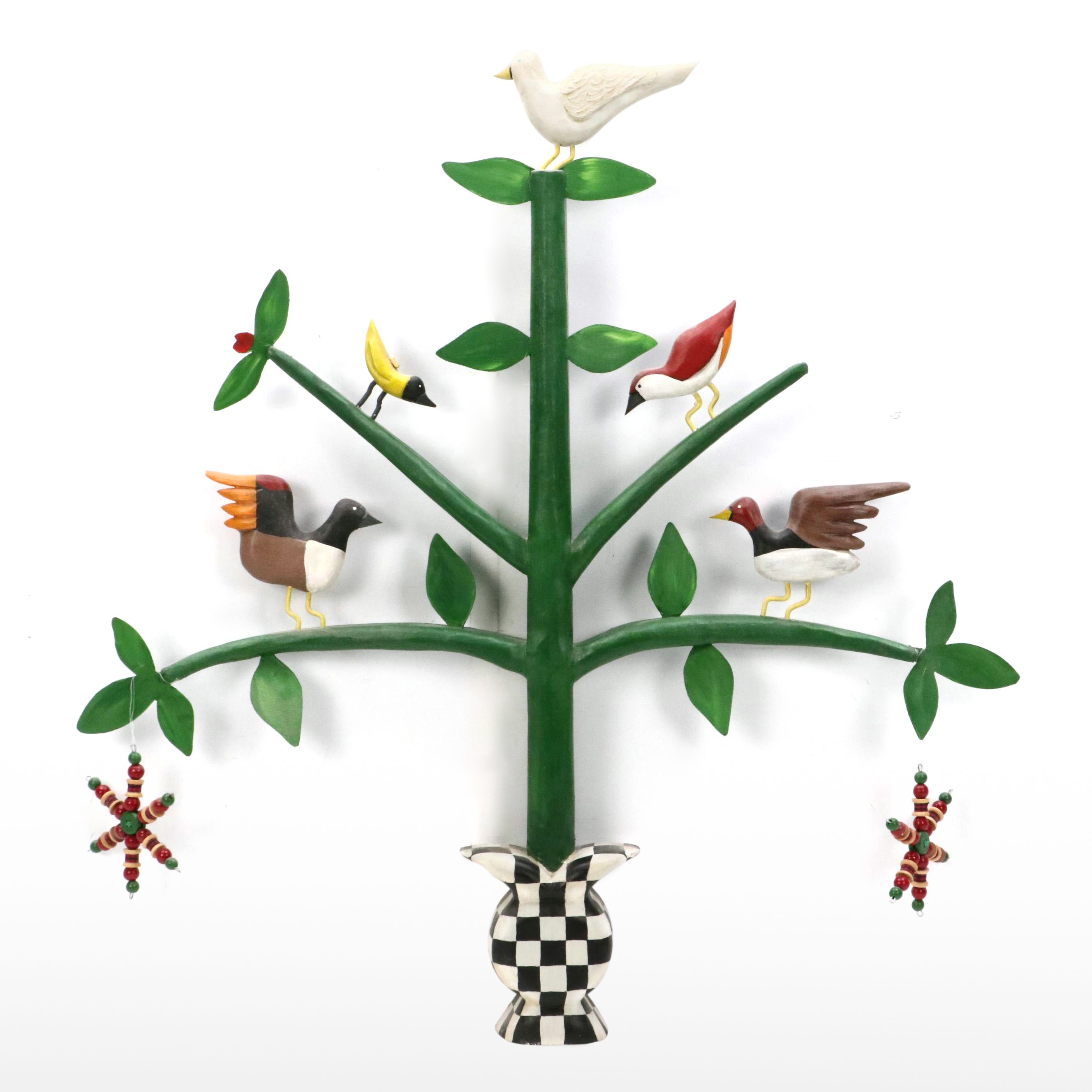 Nancy Thomas Folk Art Painted Carved Wood Sculpture of Tree with Birds, 1991