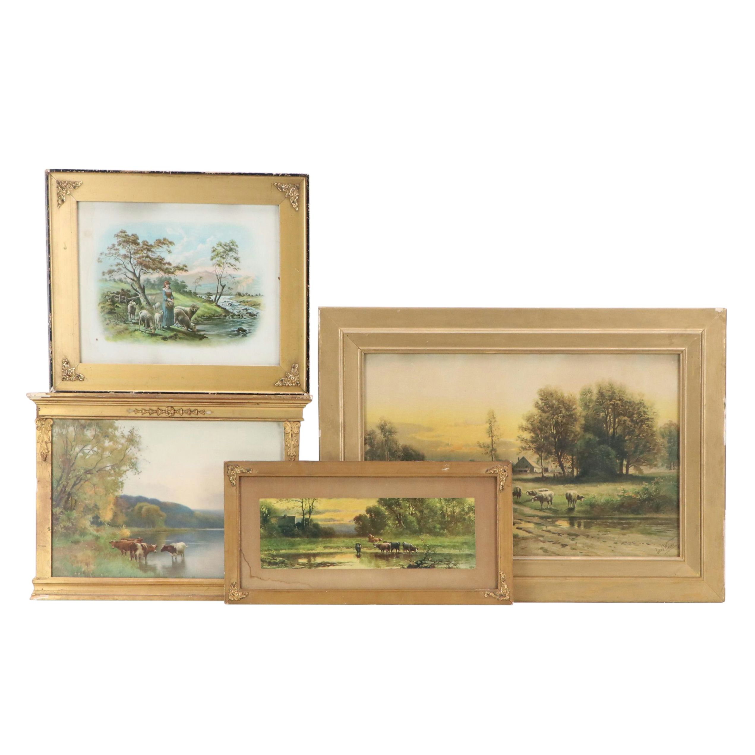 Lithograph and Offset Pastoral Landscape Collection in Gilt Frames