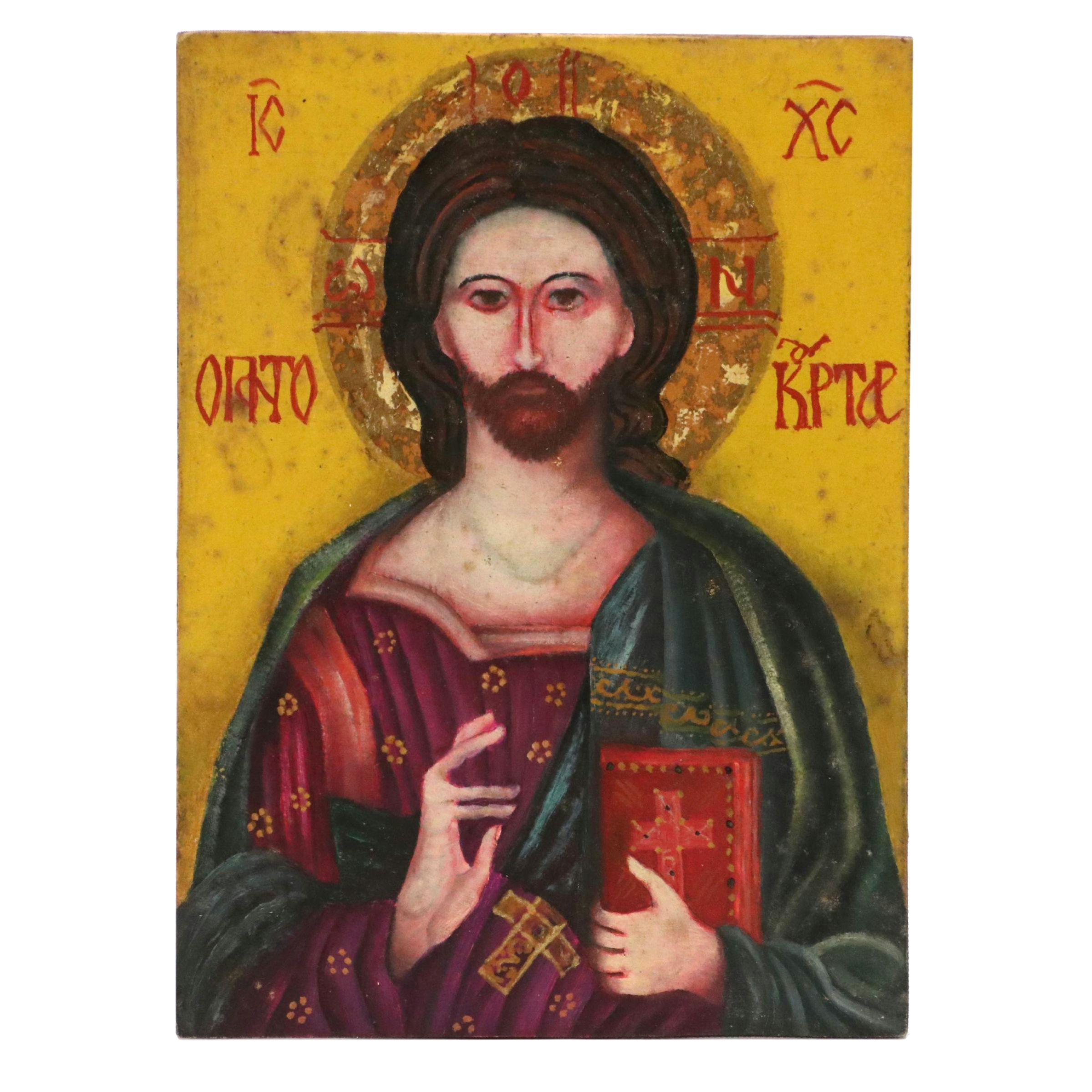 Russian Icon Painting of Christ Pantocrator in Oil and Tempera, Circa 1920