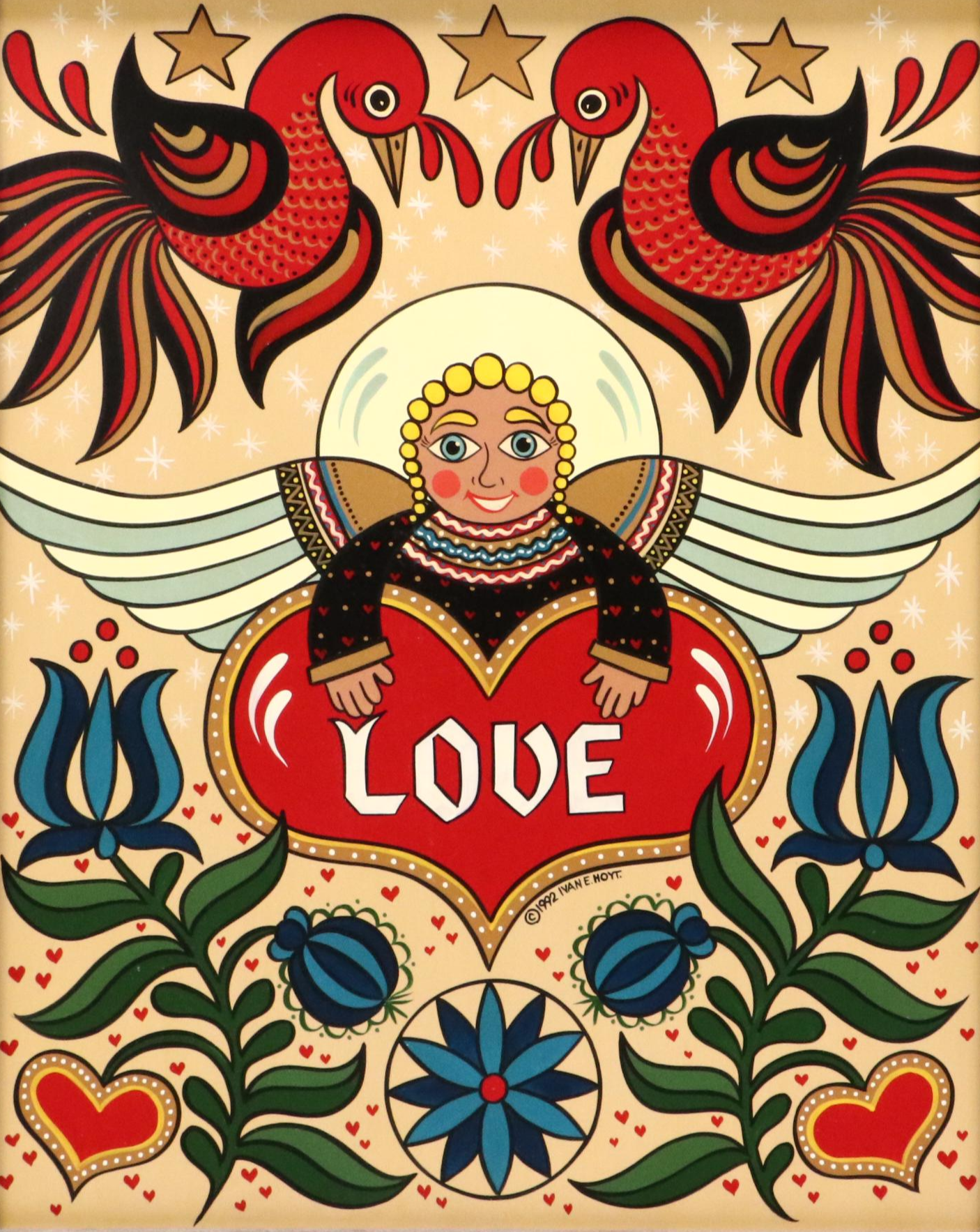 Ivan E. Hoyt Pennsylvania Dutch Folk Art Painting "God Bless This Home," 1992