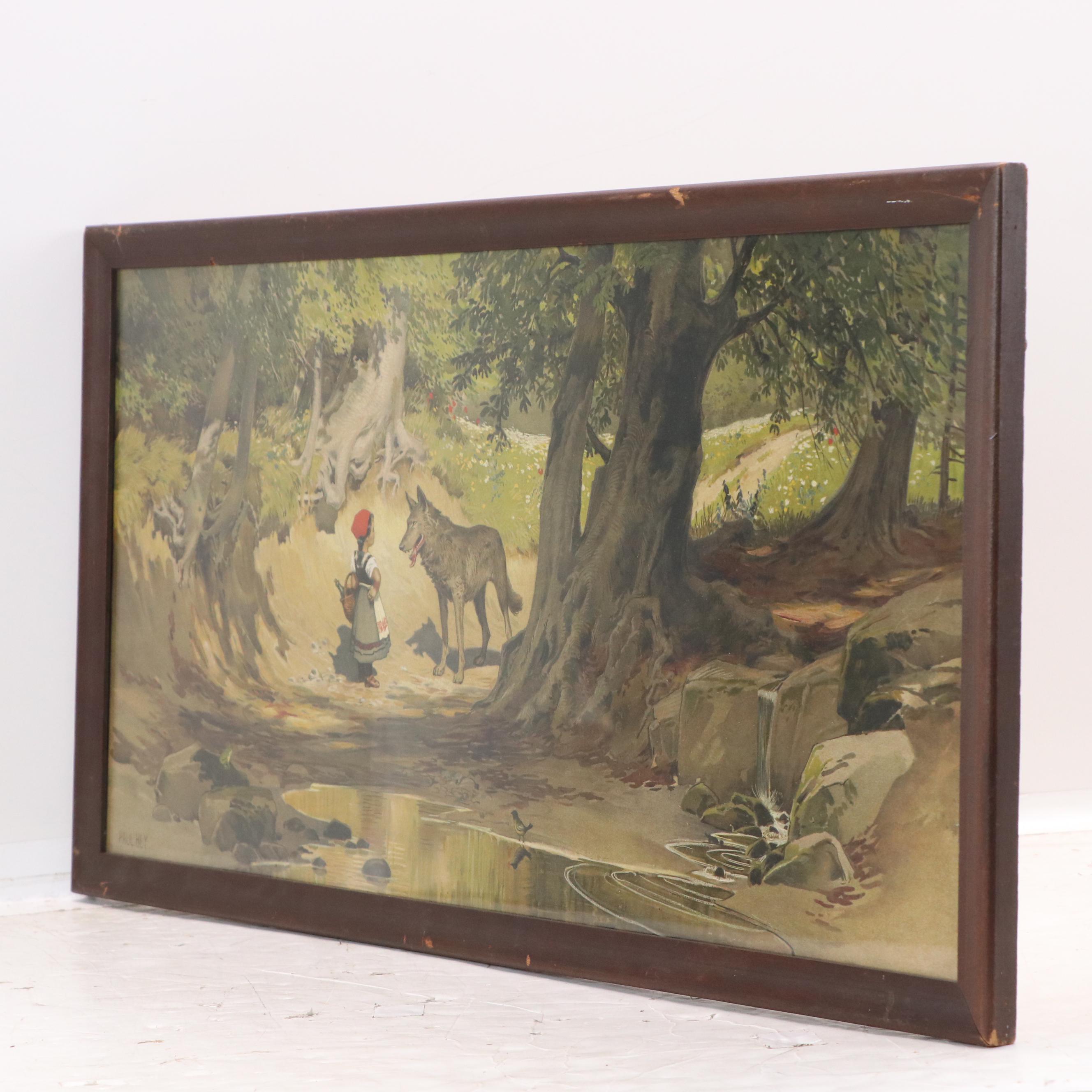 German Lithograph of Red Riding Hood and the Wolf After Paul Hey