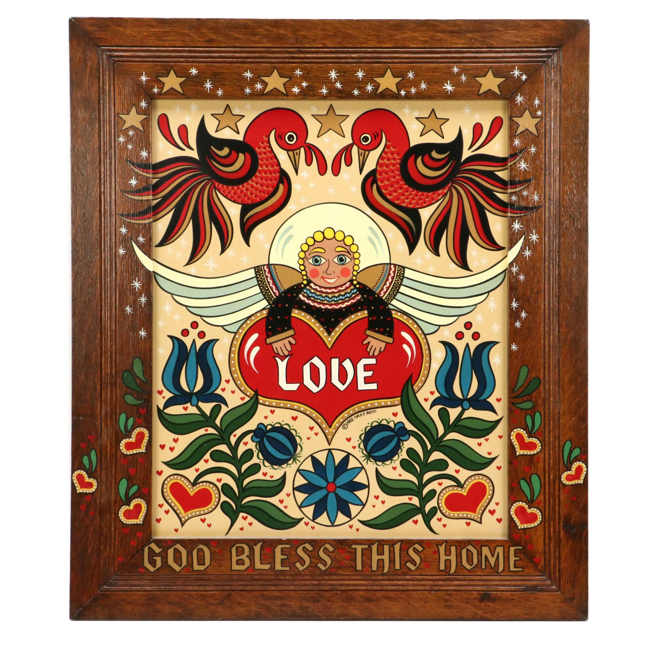 Ivan E. Hoyt Pennsylvania Dutch Folk Art Painting "God Bless This Home," 1992