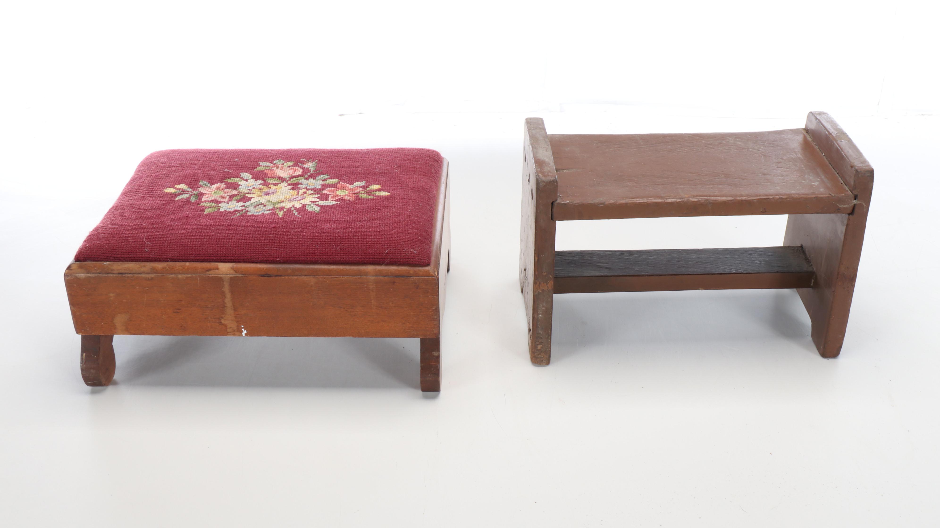 Needlepoint Floral Footrest, Wood Stool, and Wooden Shelf
