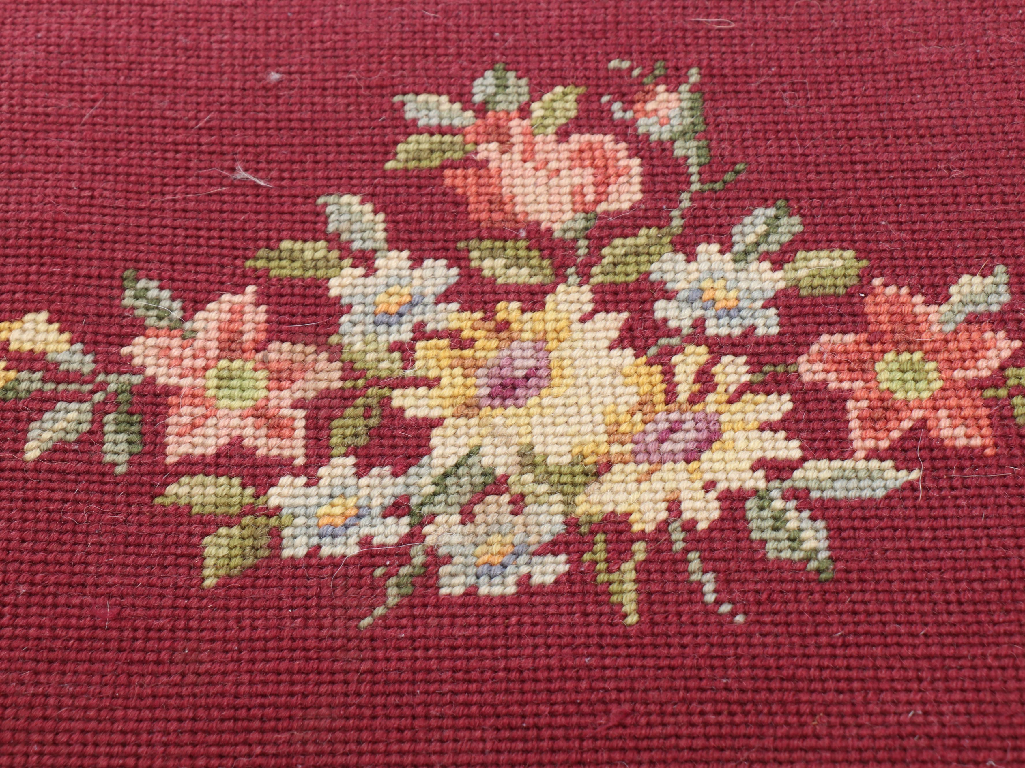 Needlepoint Floral Footrest, Wood Stool, and Wooden Shelf