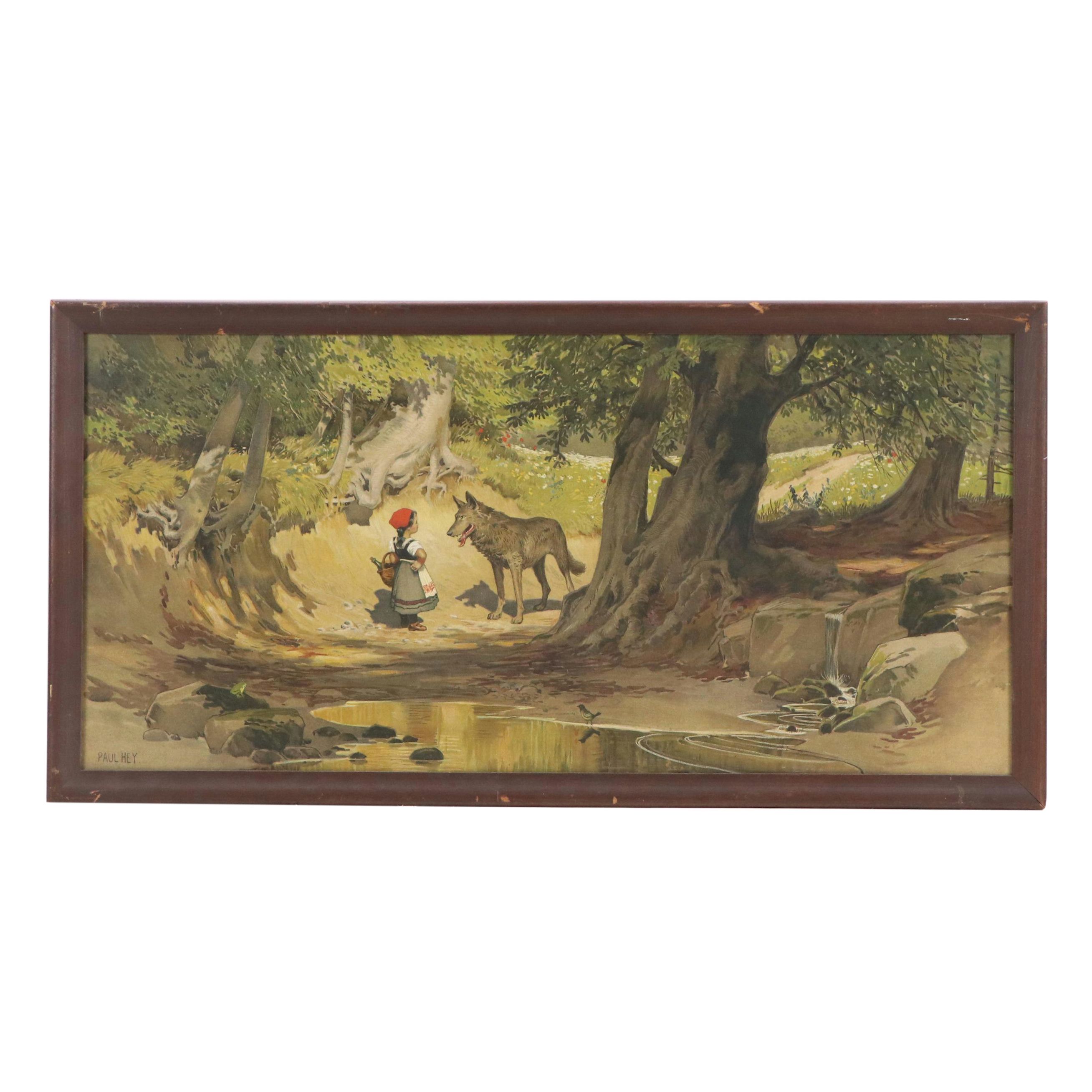 German Lithograph of Red Riding Hood and the Wolf After Paul Hey