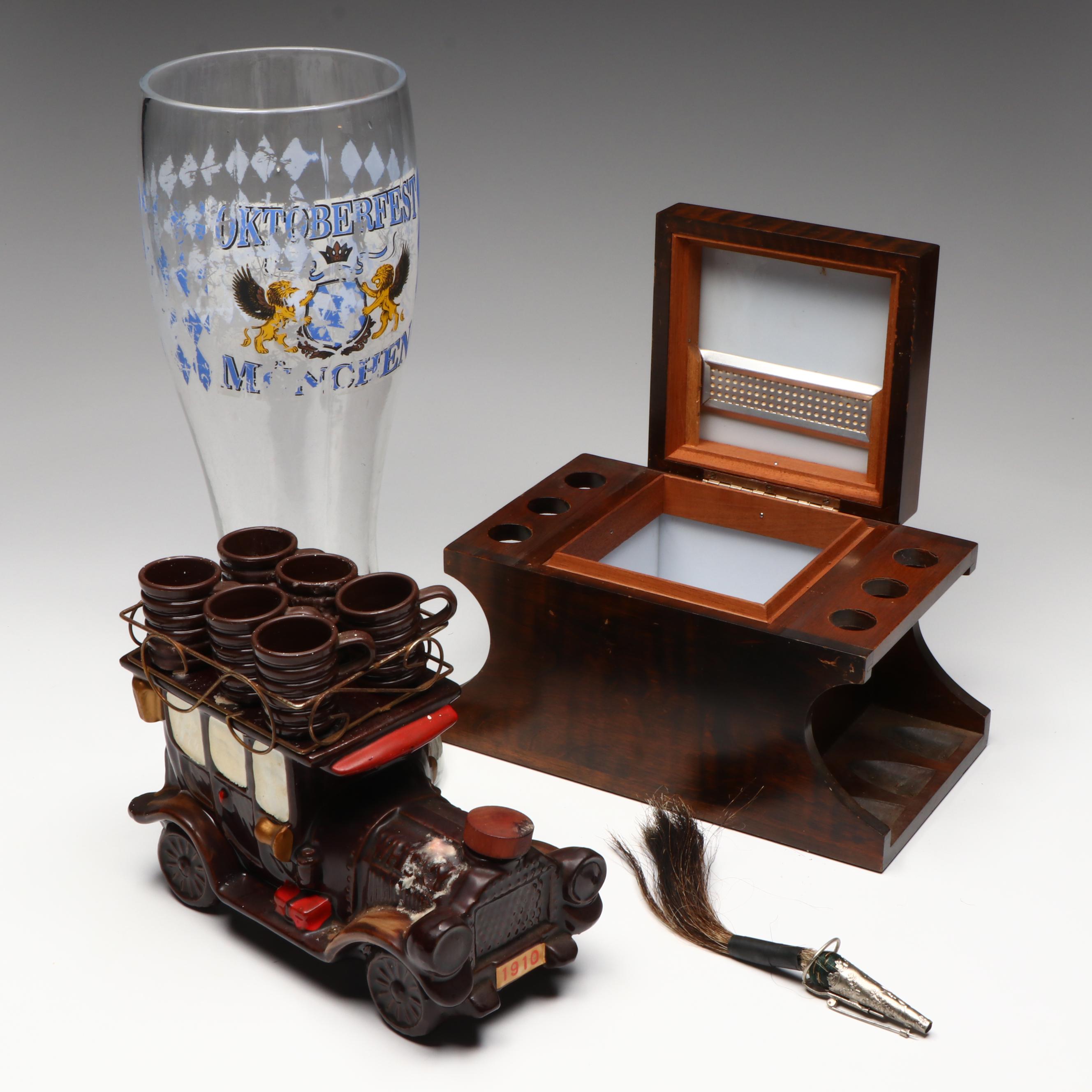 Humidor with Cigar Slots, Ceramic Decanter Set, Boot Glass and Horsehair Pin