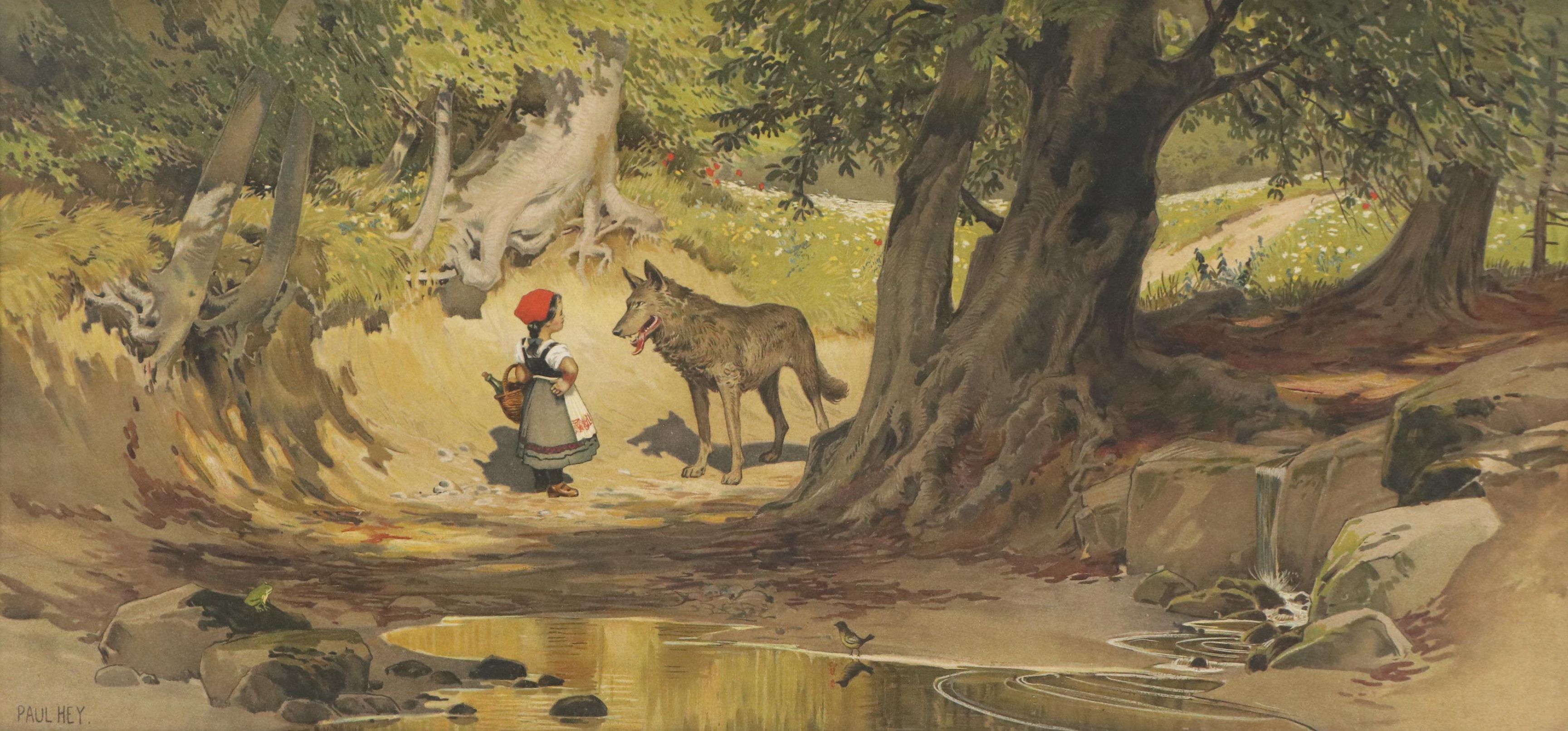 German Lithograph of Red Riding Hood and the Wolf After Paul Hey