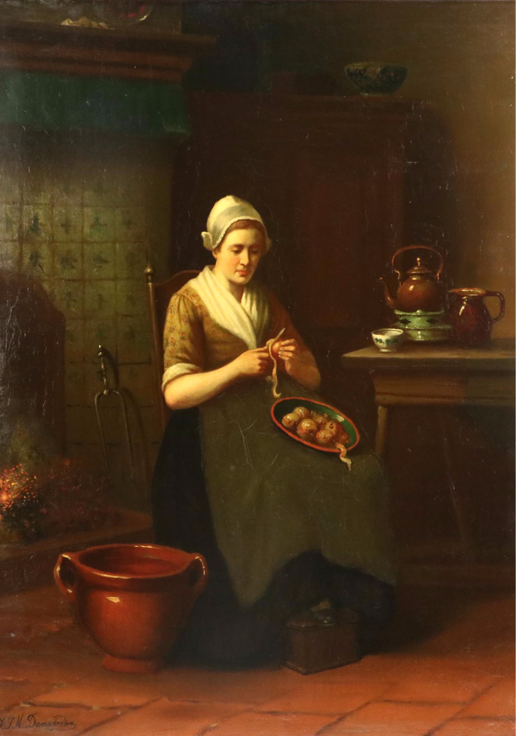 Jan J. M. Damschroder Dutch School Painting "The Busy Housewife," 19th Century