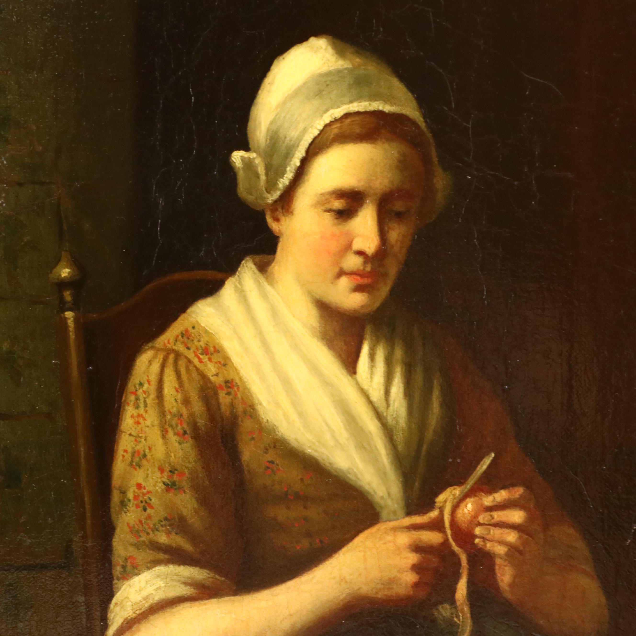 Jan J. M. Damschroder Dutch School Painting "The Busy Housewife," 19th Century