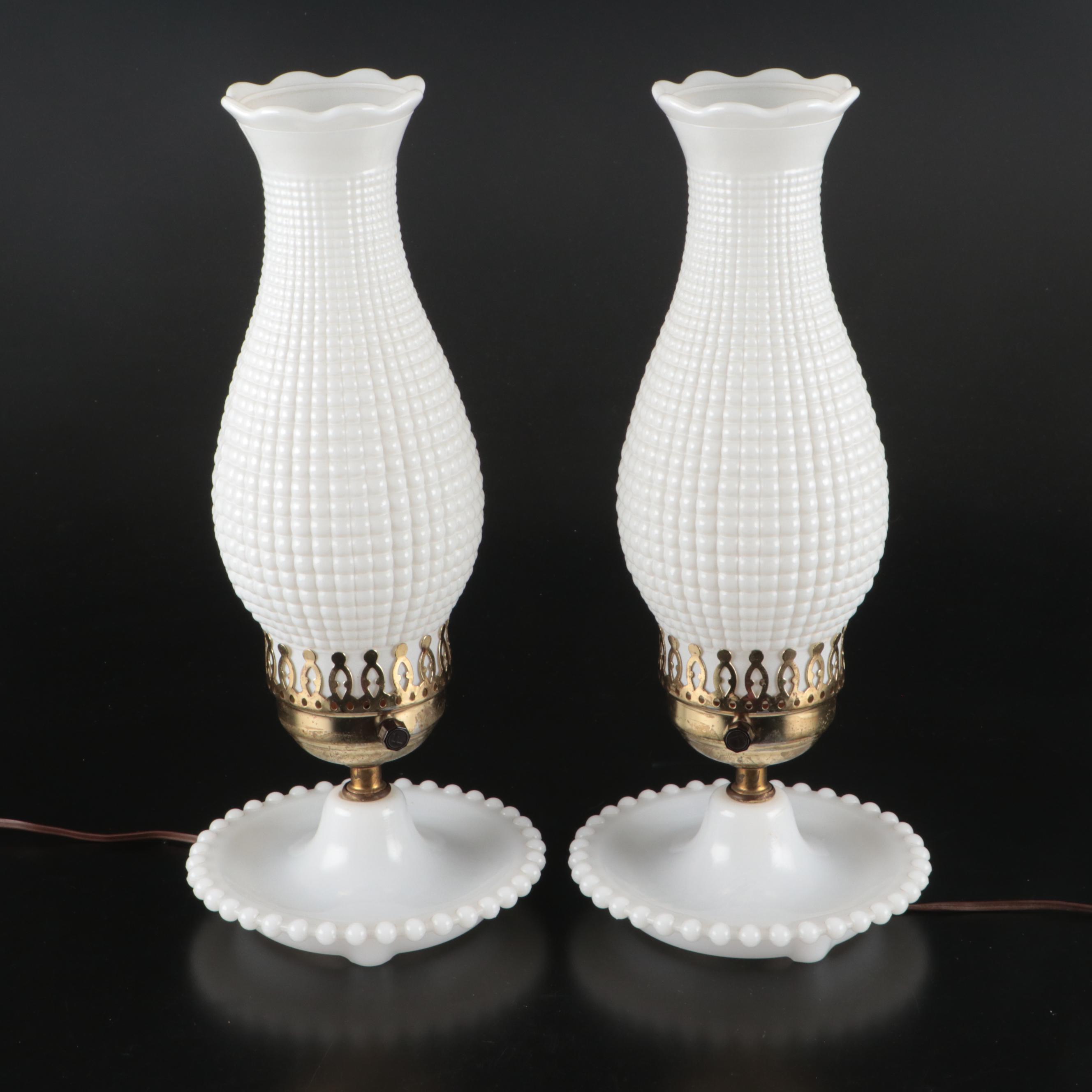 Pair of Beaded Milk Glass Hurricane Lamps, Mid-20th Century