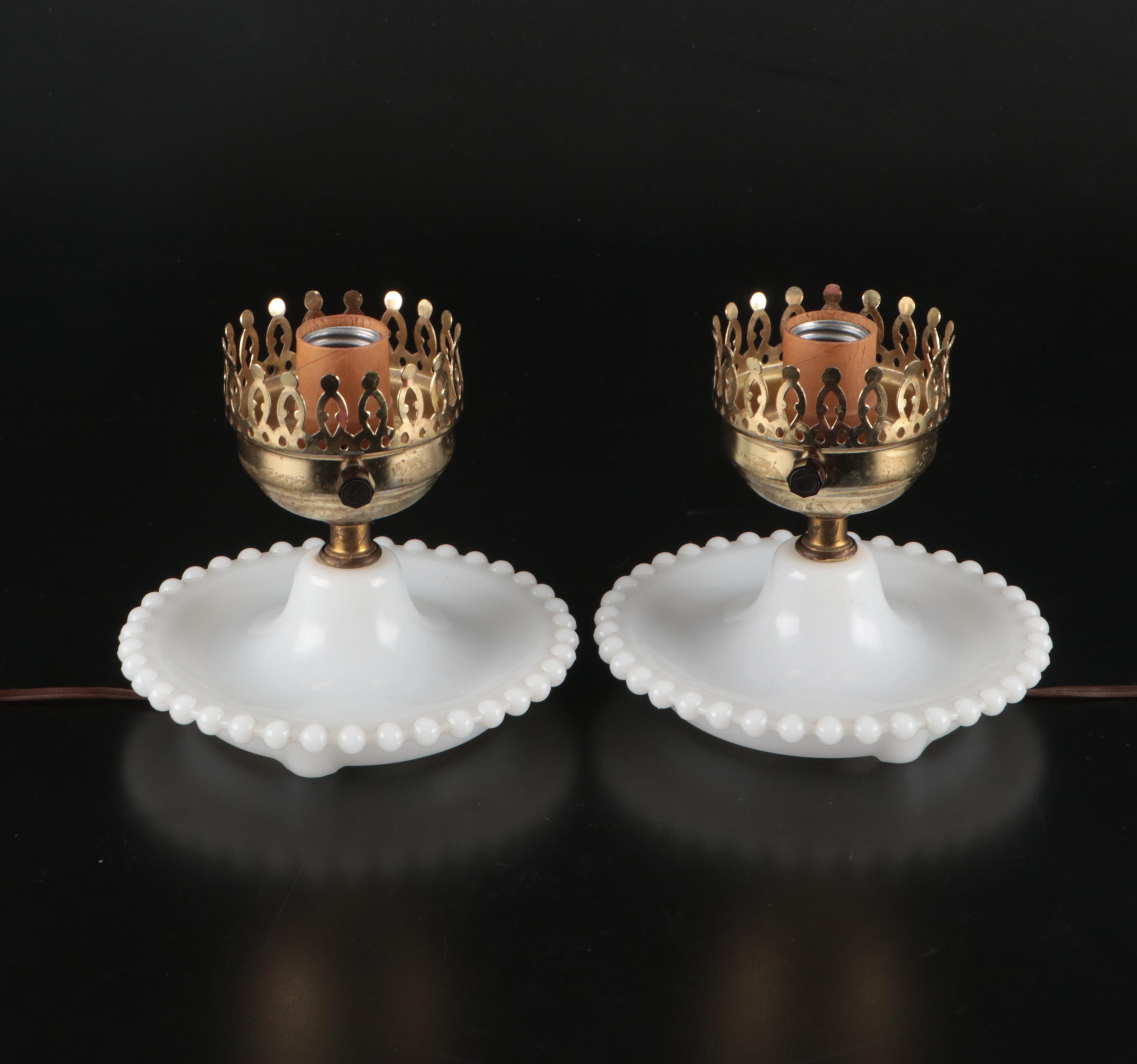 Pair of Beaded Milk Glass Hurricane Lamps, Mid-20th Century