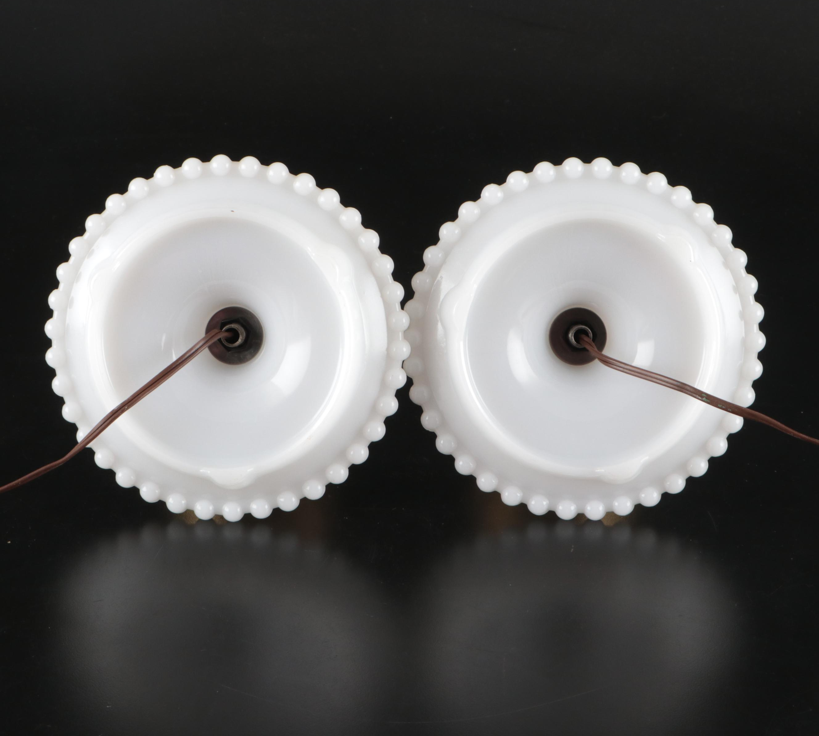 Pair of Beaded Milk Glass Hurricane Lamps, Mid-20th Century