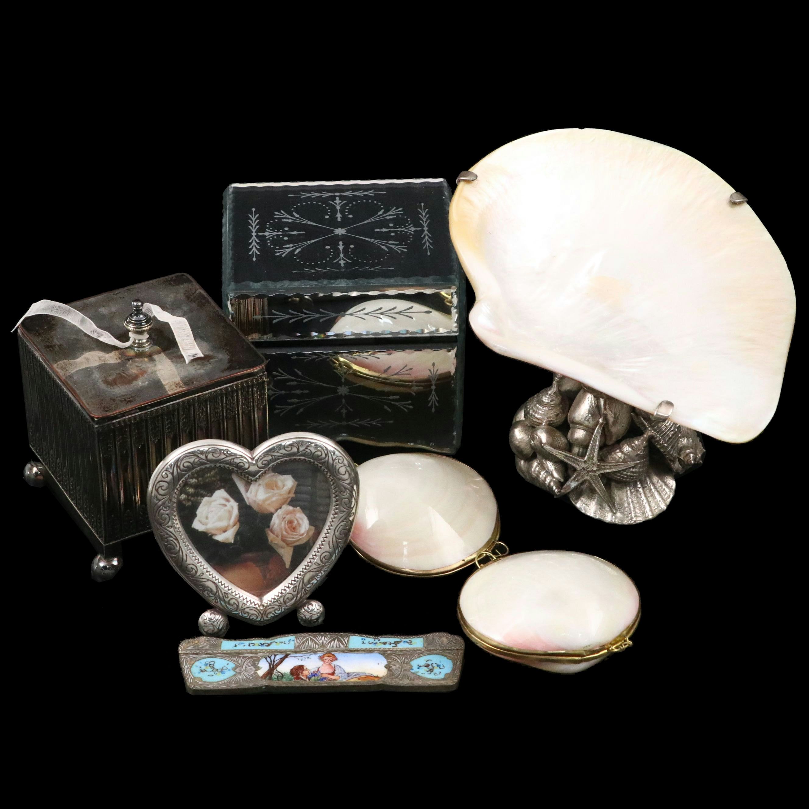 Maitland Smith Mother of Pearl Cavier Dish with 800 Silver Comb and Other Décor