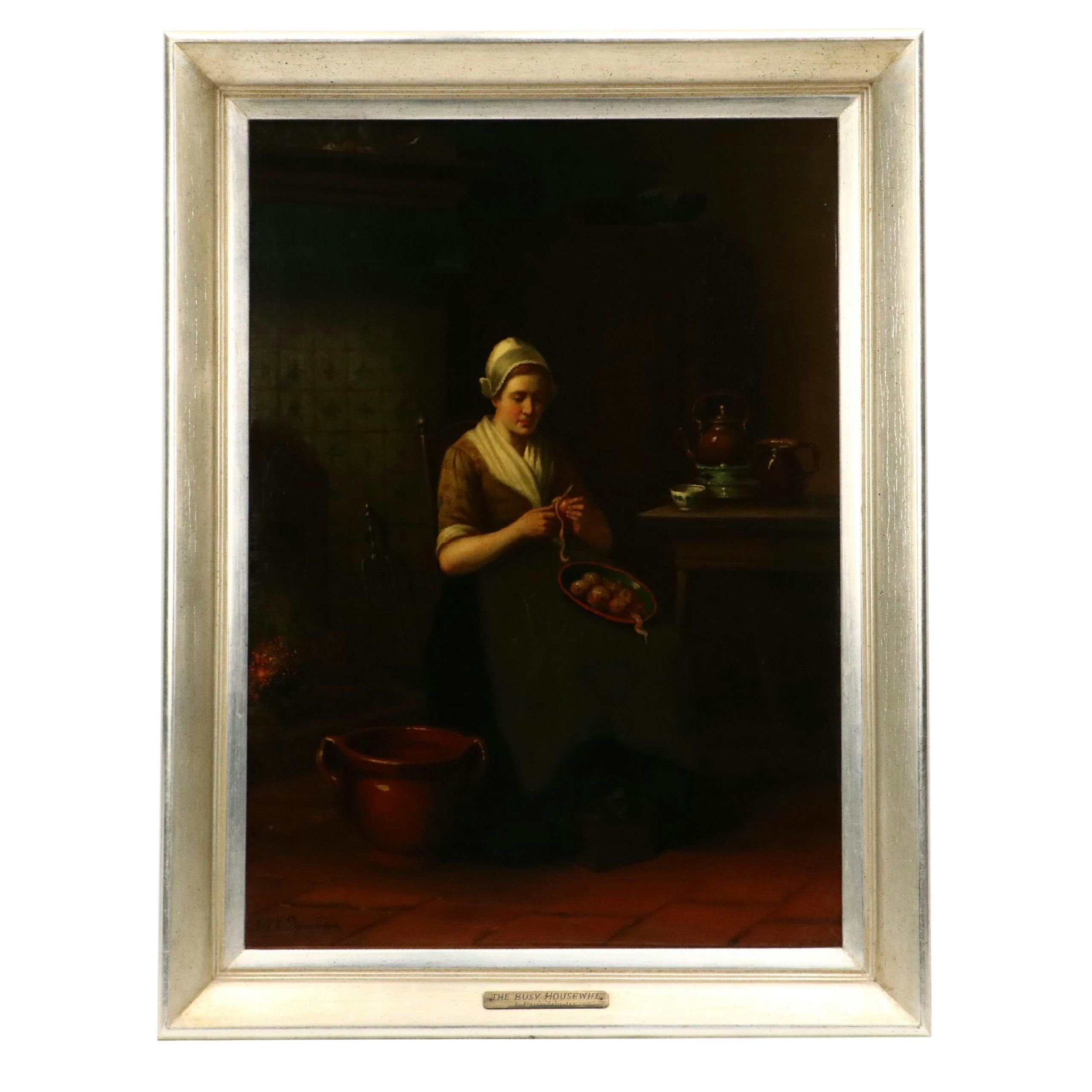 Jan J. M. Damschroder Dutch School Painting "The Busy Housewife," 19th Century