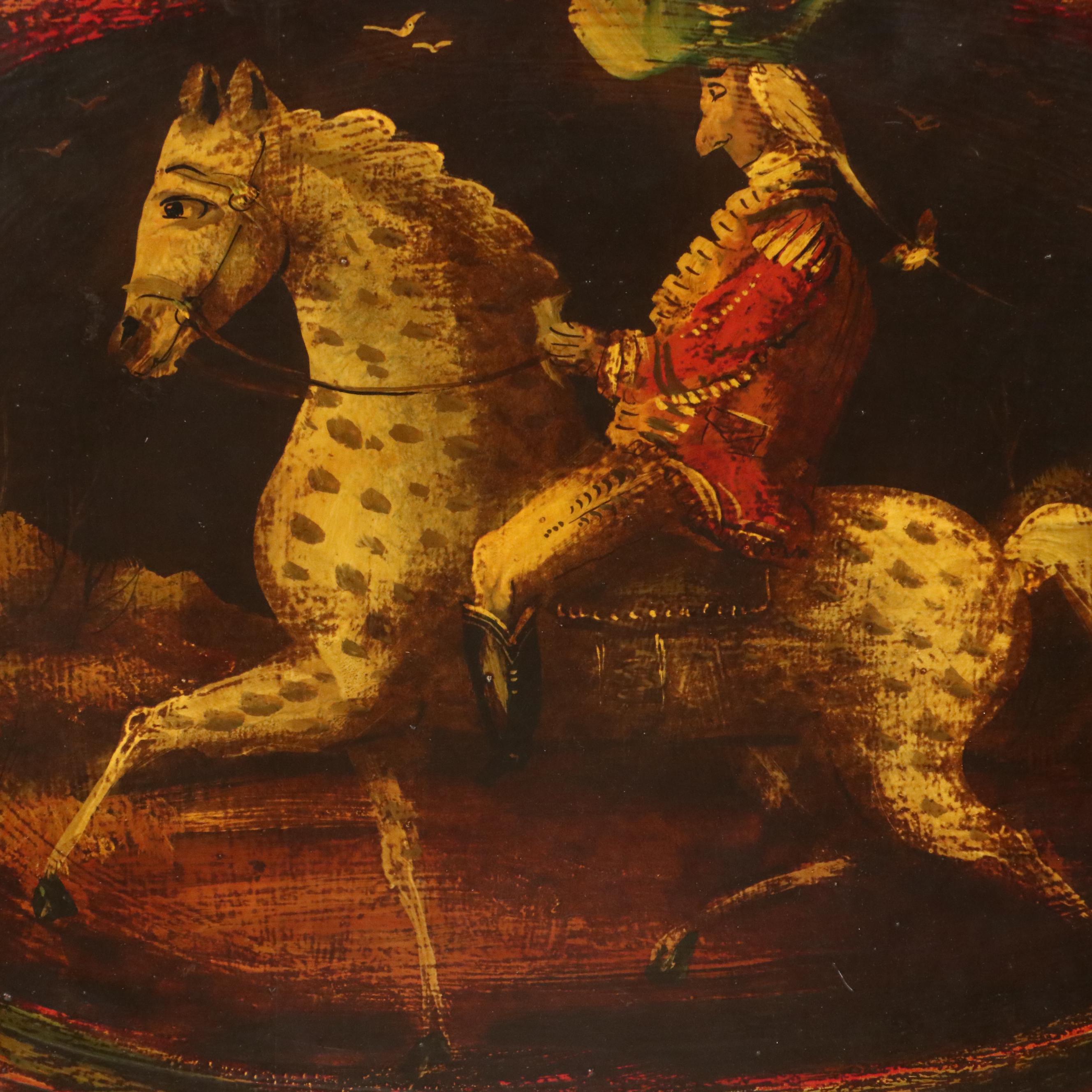 Oil Painting of Colonial Horse Rider on Wood Panel, 20th Century