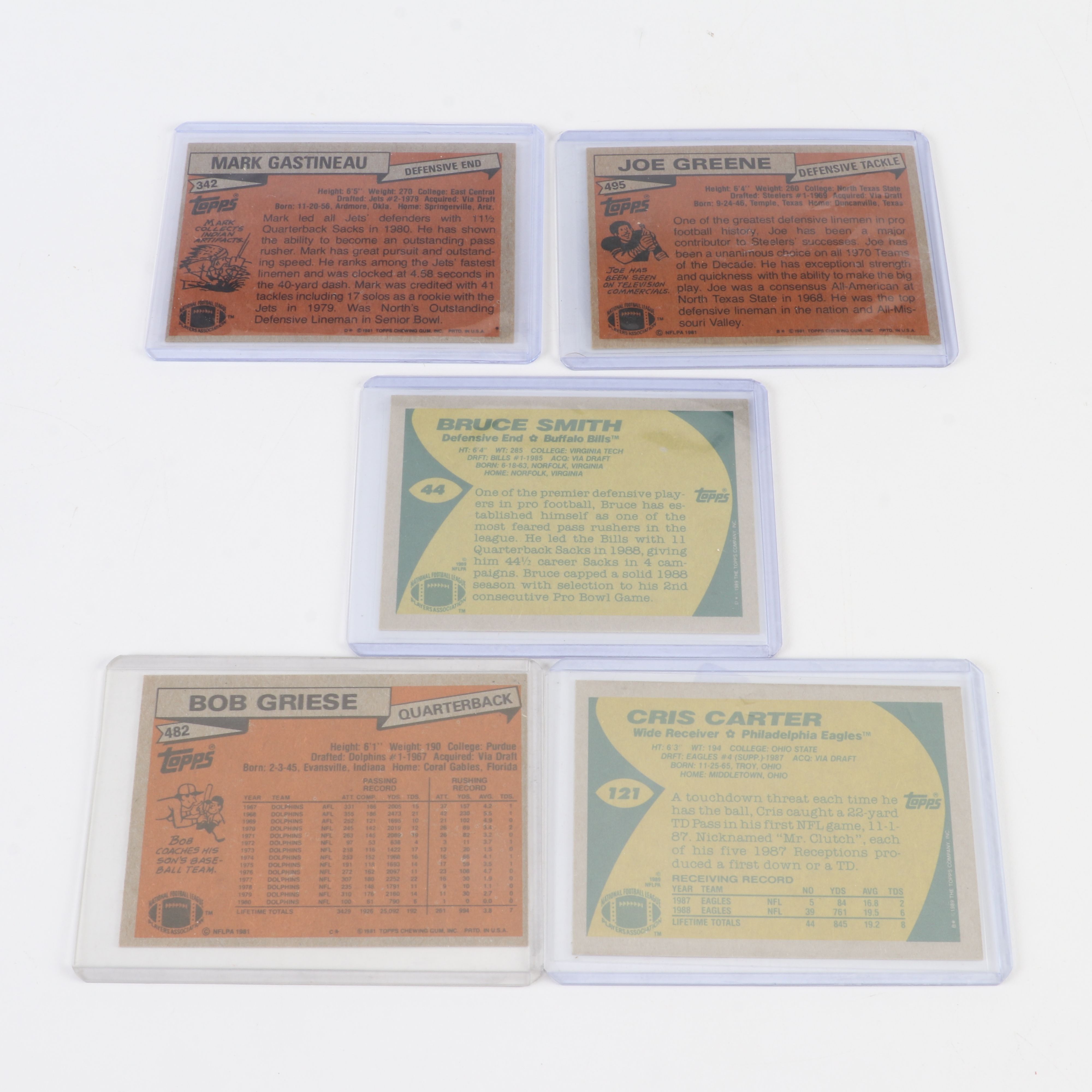 Topps Football Cards Featuring Bob Griese, Cris Carter, and More