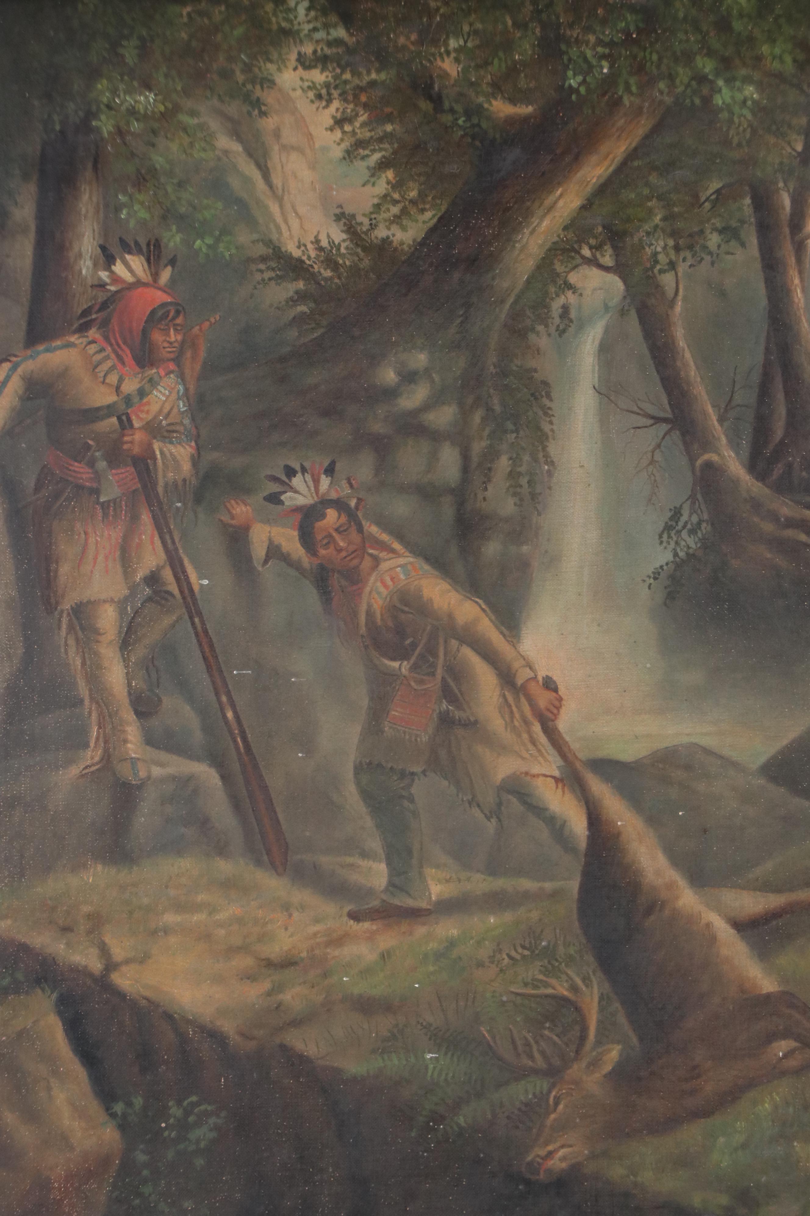 Woodland Oil Painting of Native American Deer Hunt