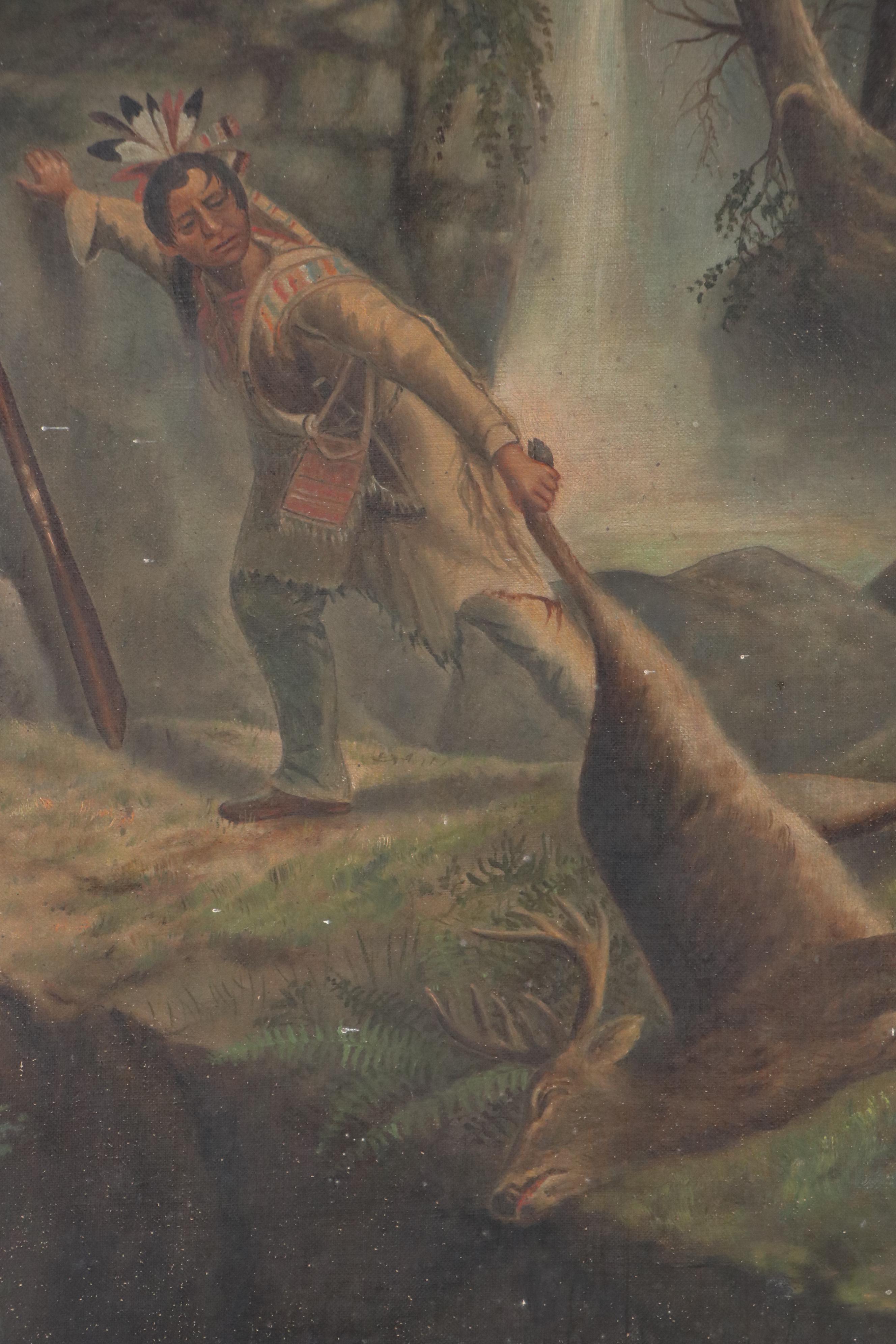Woodland Oil Painting of Native American Deer Hunt