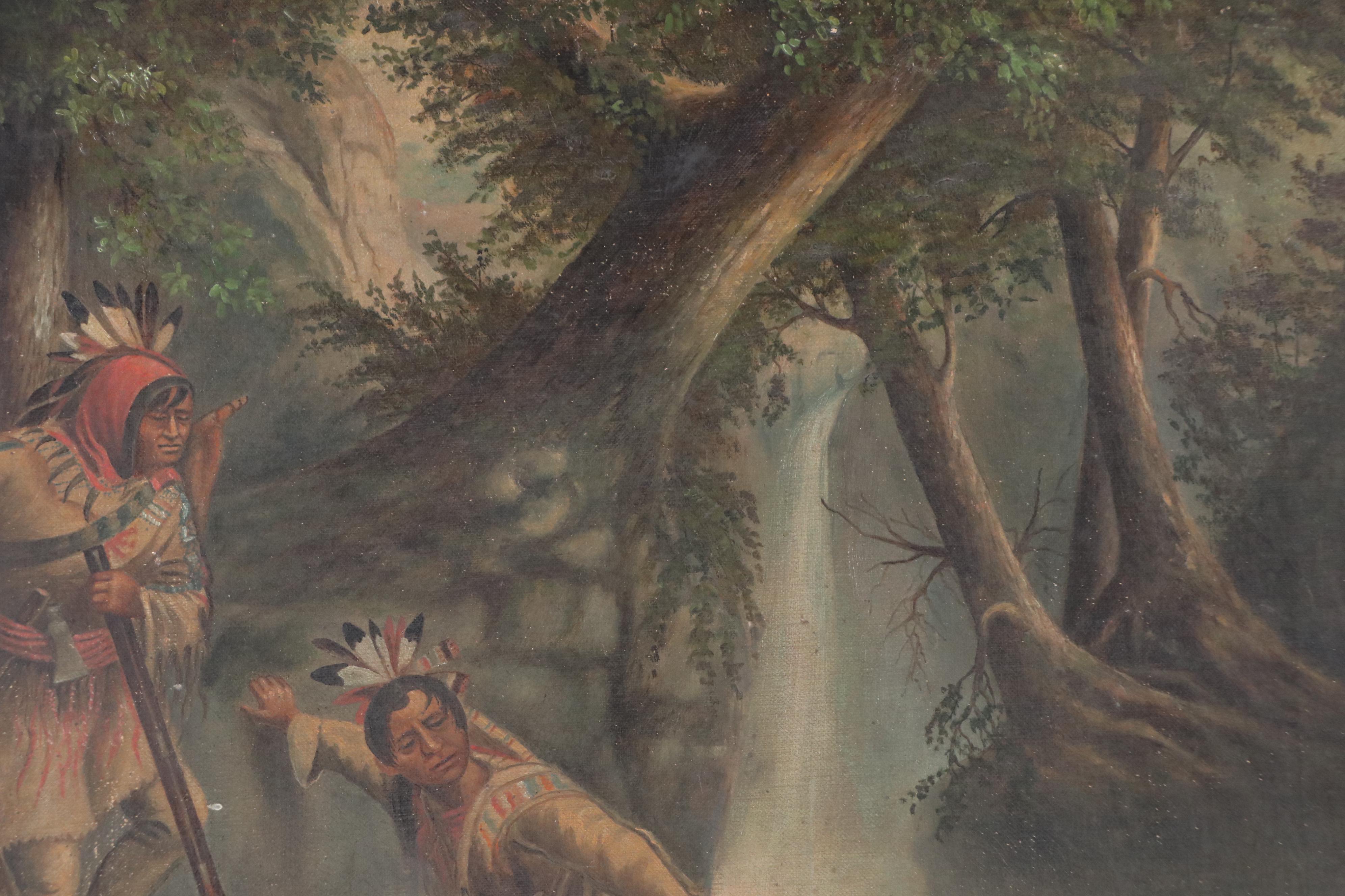 Woodland Oil Painting of Native American Deer Hunt