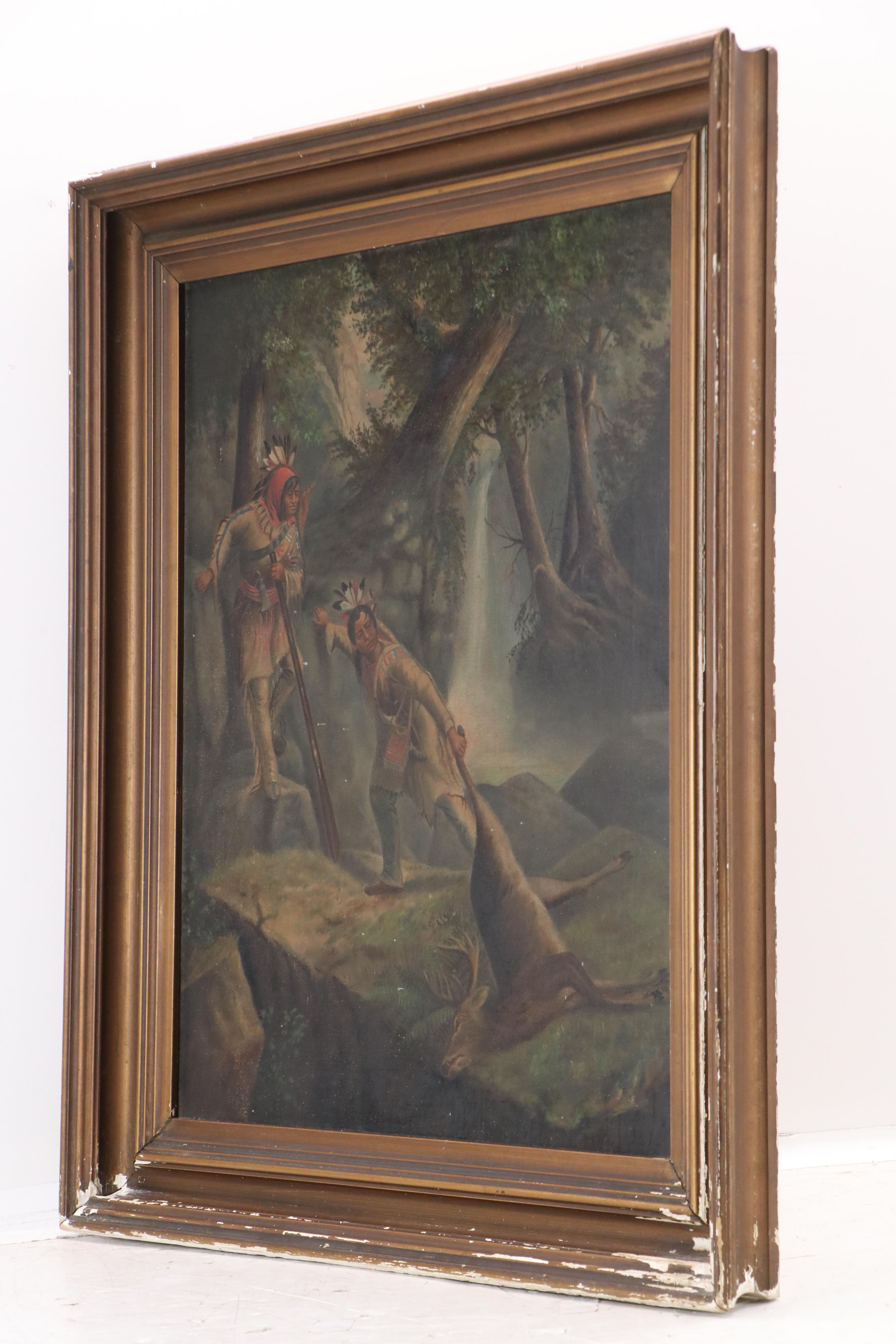 Woodland Oil Painting of Native American Deer Hunt