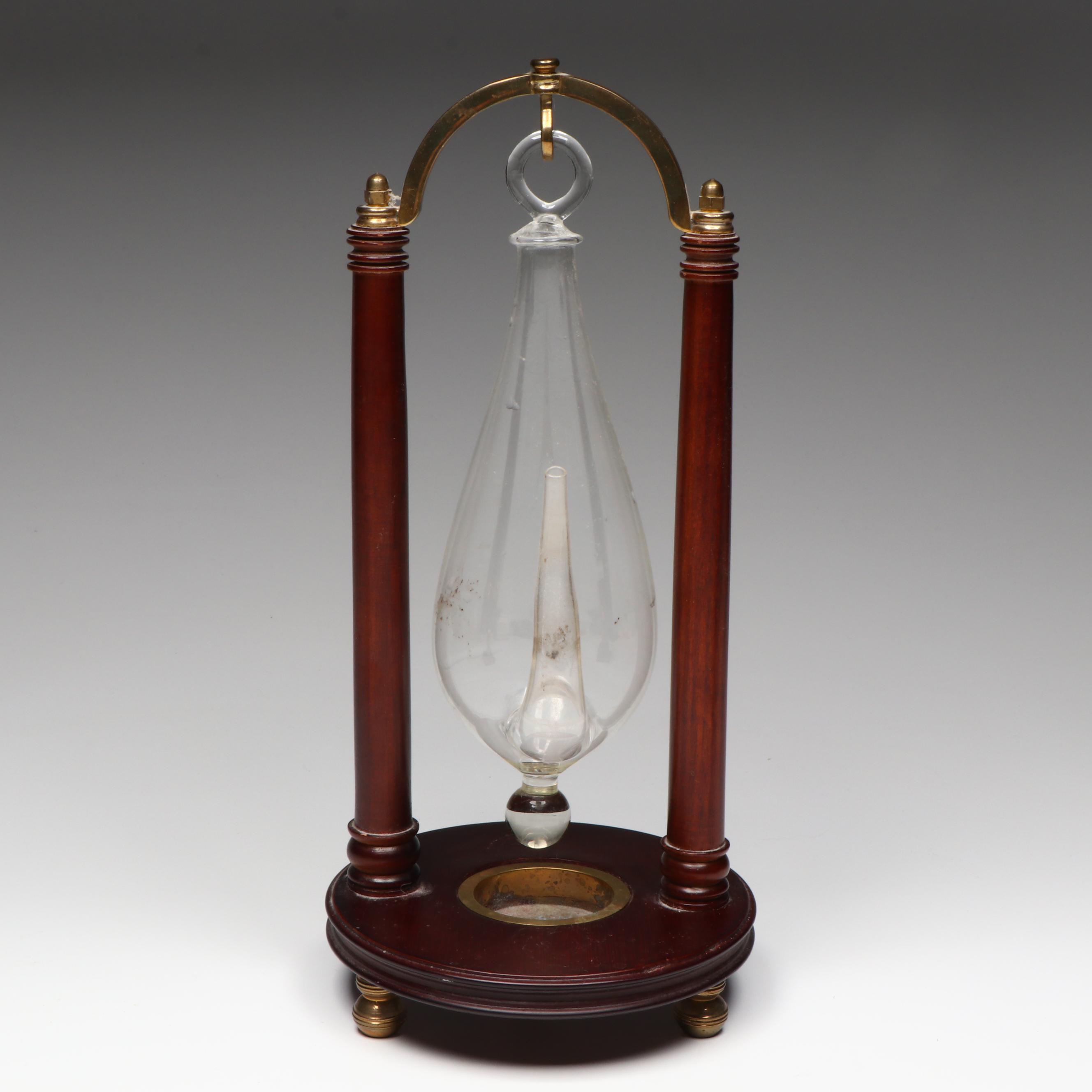 Glass Barometer on Wood and Brass Stand with Clock and Calendar