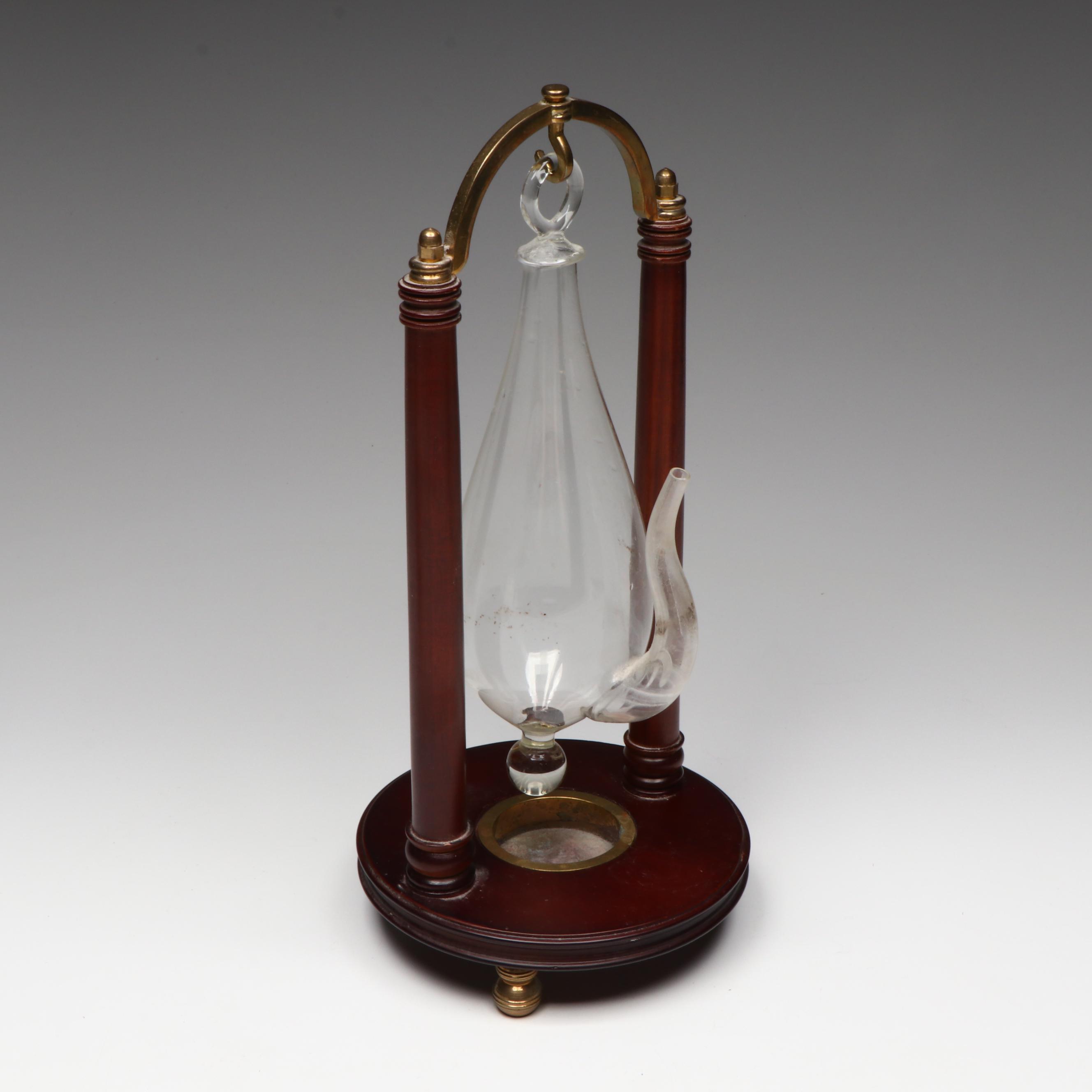Glass Barometer on Wood and Brass Stand with Clock and Calendar