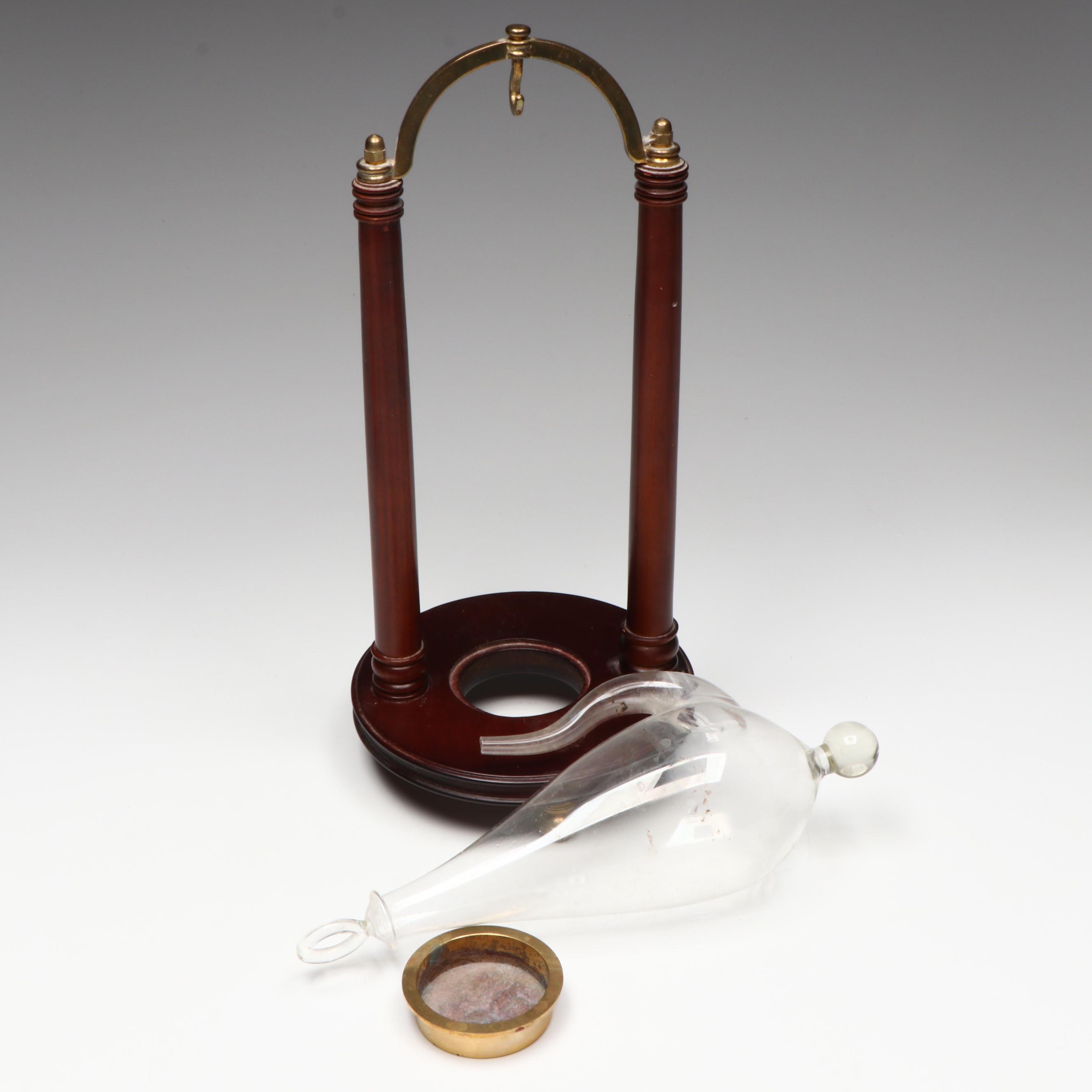 Glass Barometer on Wood and Brass Stand with Clock and Calendar