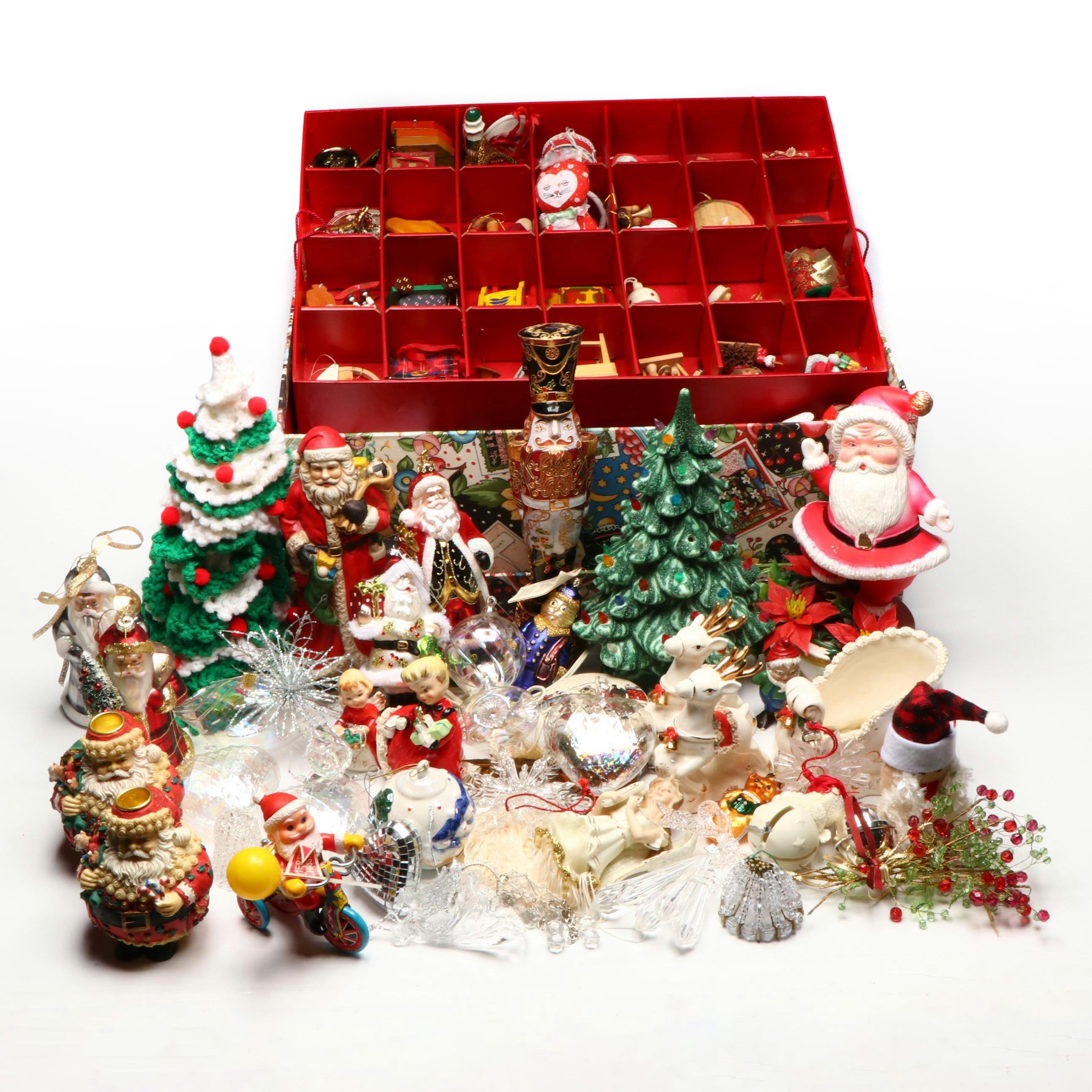 Collection of Glass and Ceramic Christmas Décor with Vintage Ornaments