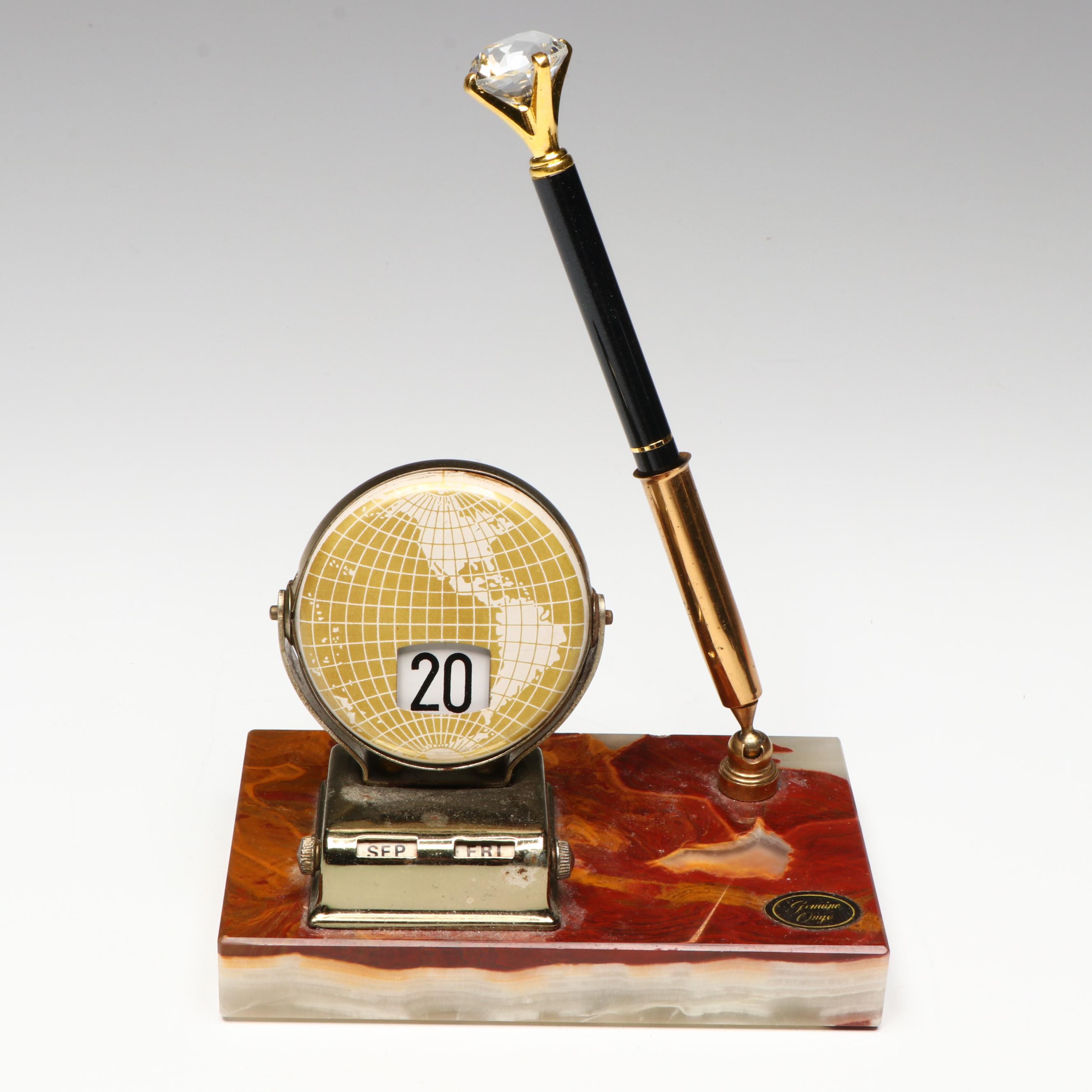 Glass Barometer on Wood and Brass Stand with Clock and Calendar