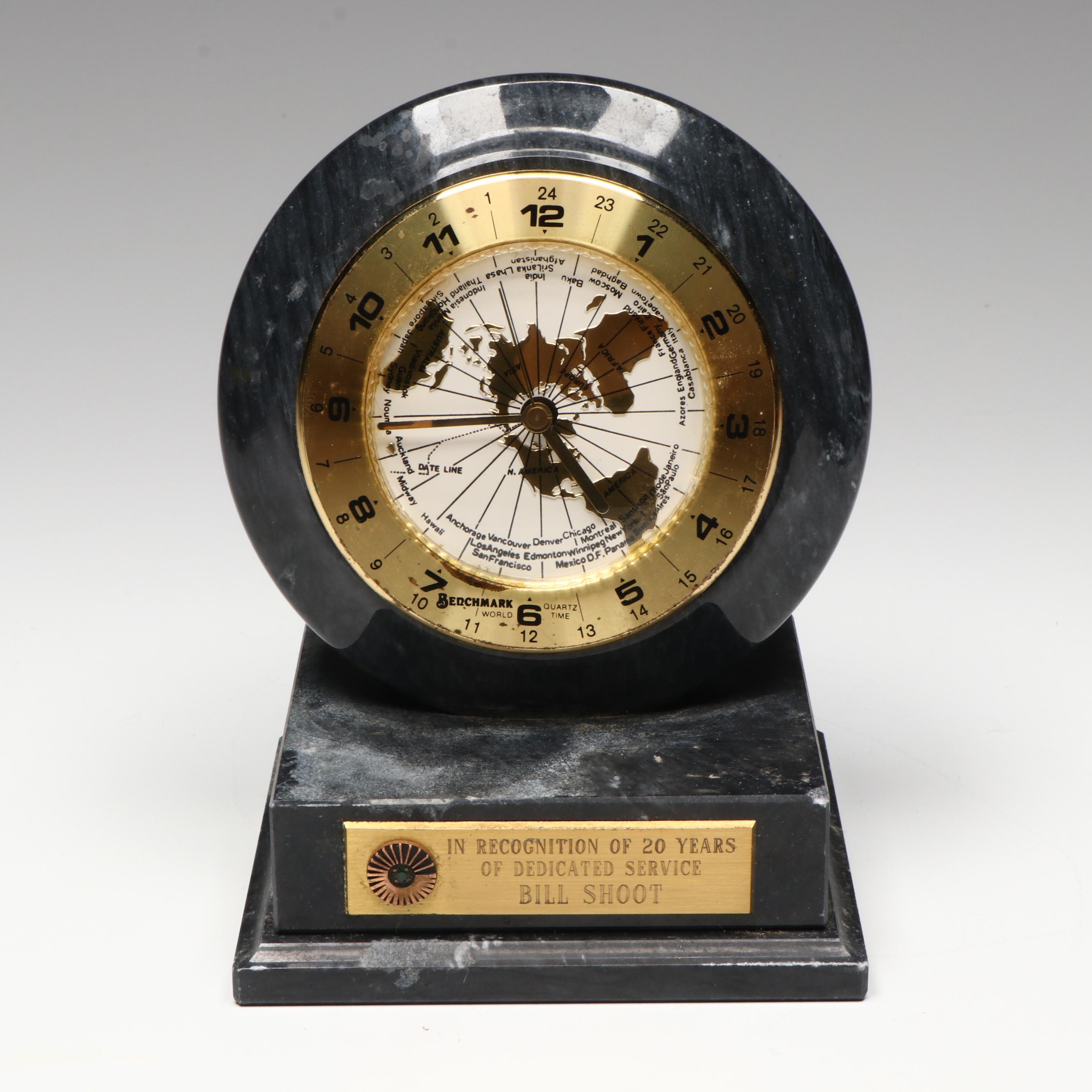 Glass Barometer on Wood and Brass Stand with Clock and Calendar