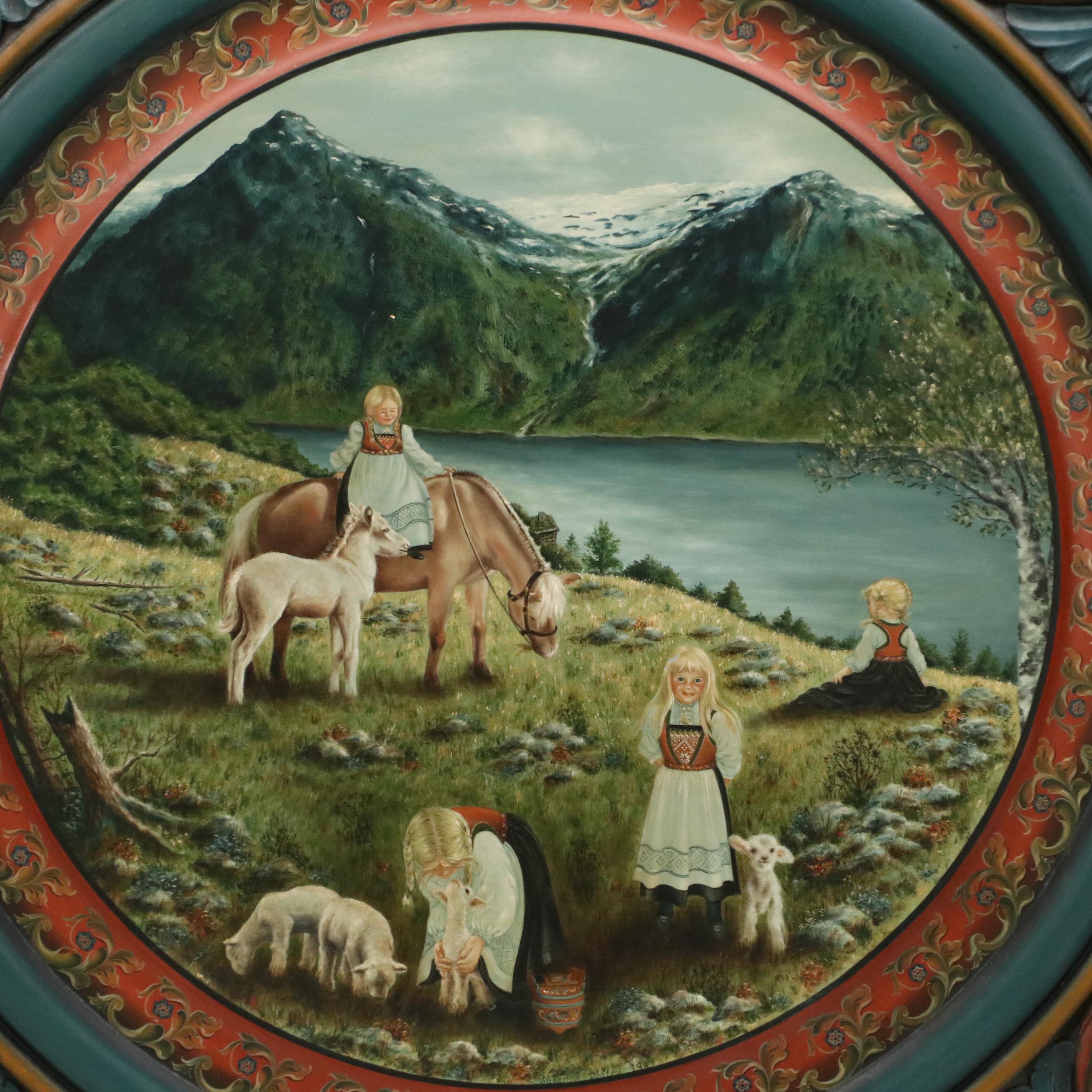 Suzanne Toftey Rosemaling Folk Art with Bucolic Alpine Scene, 1991
