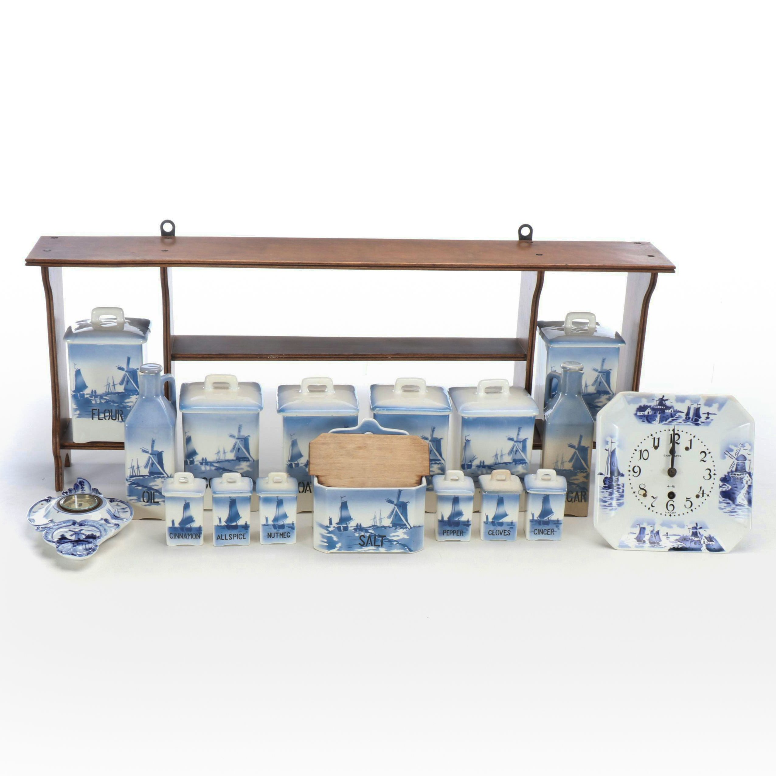 Czechoslovakian Delft Porcelain Food Storage Containers with Clocks and Shelf
