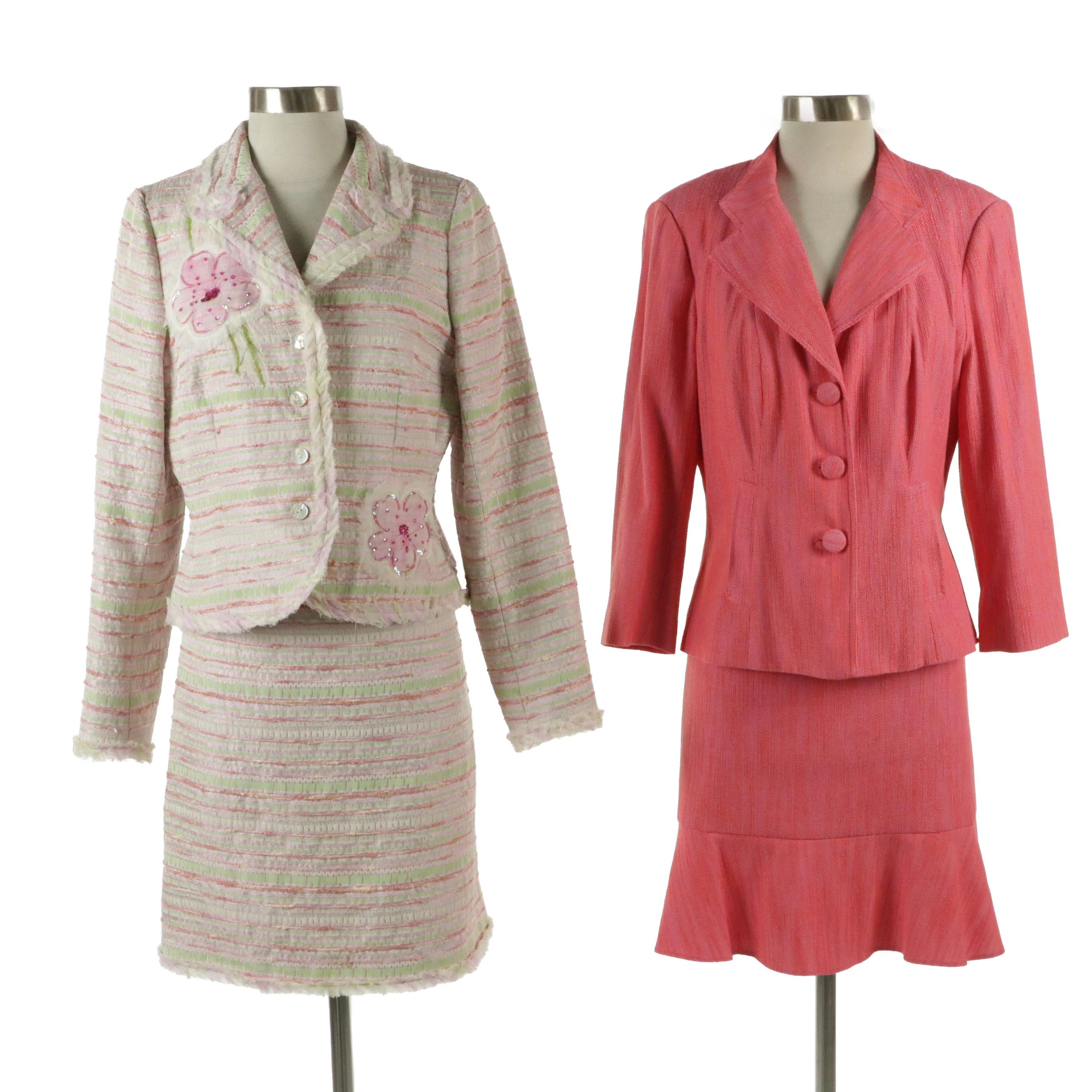 Kay Unger Pink Striped and Teri Jon Pink Tweed Striped Two-Piece Skirt Sets