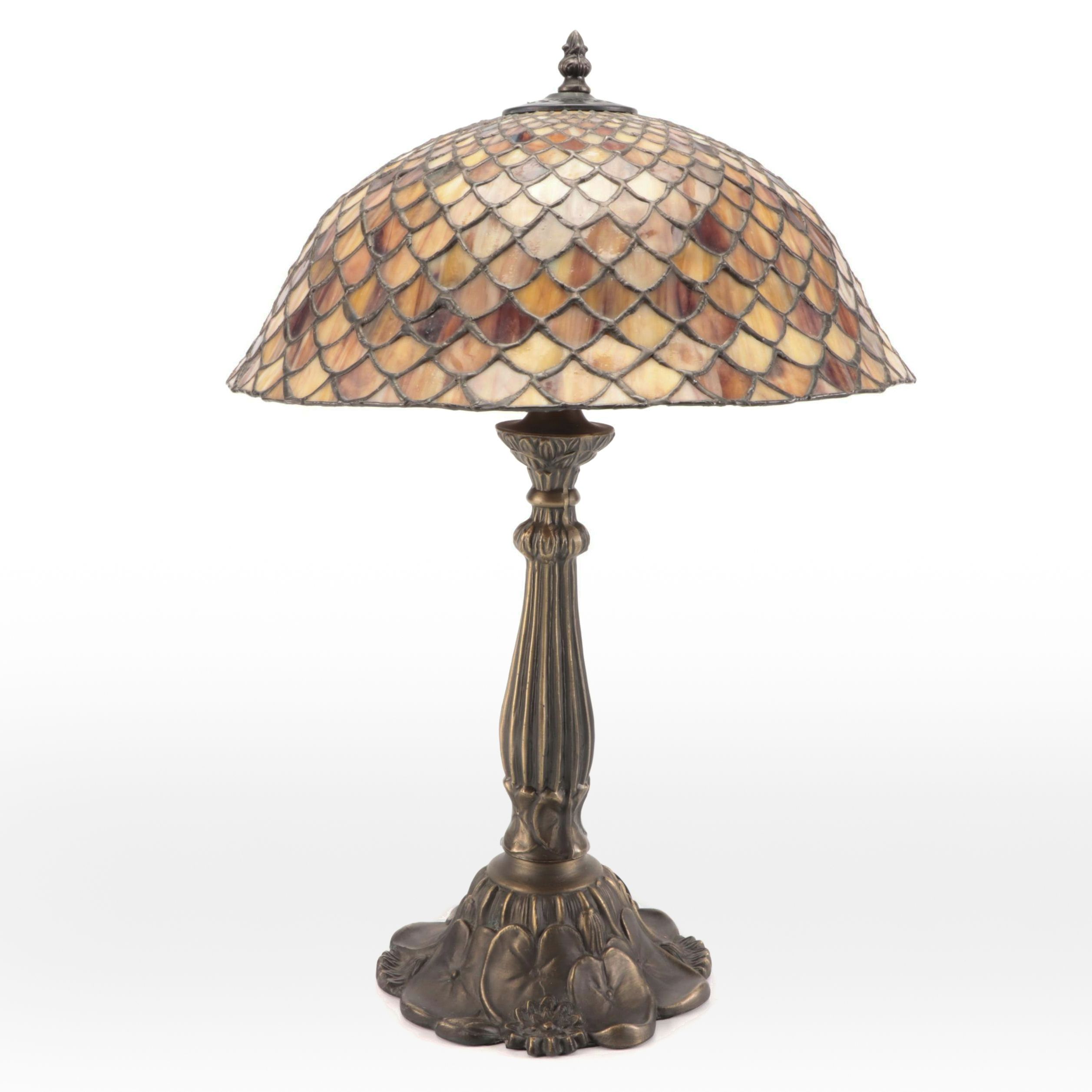 Meyda Tiffany Bronzed Metal Waterlily Lamp with Fishscale Slag Glass Shade